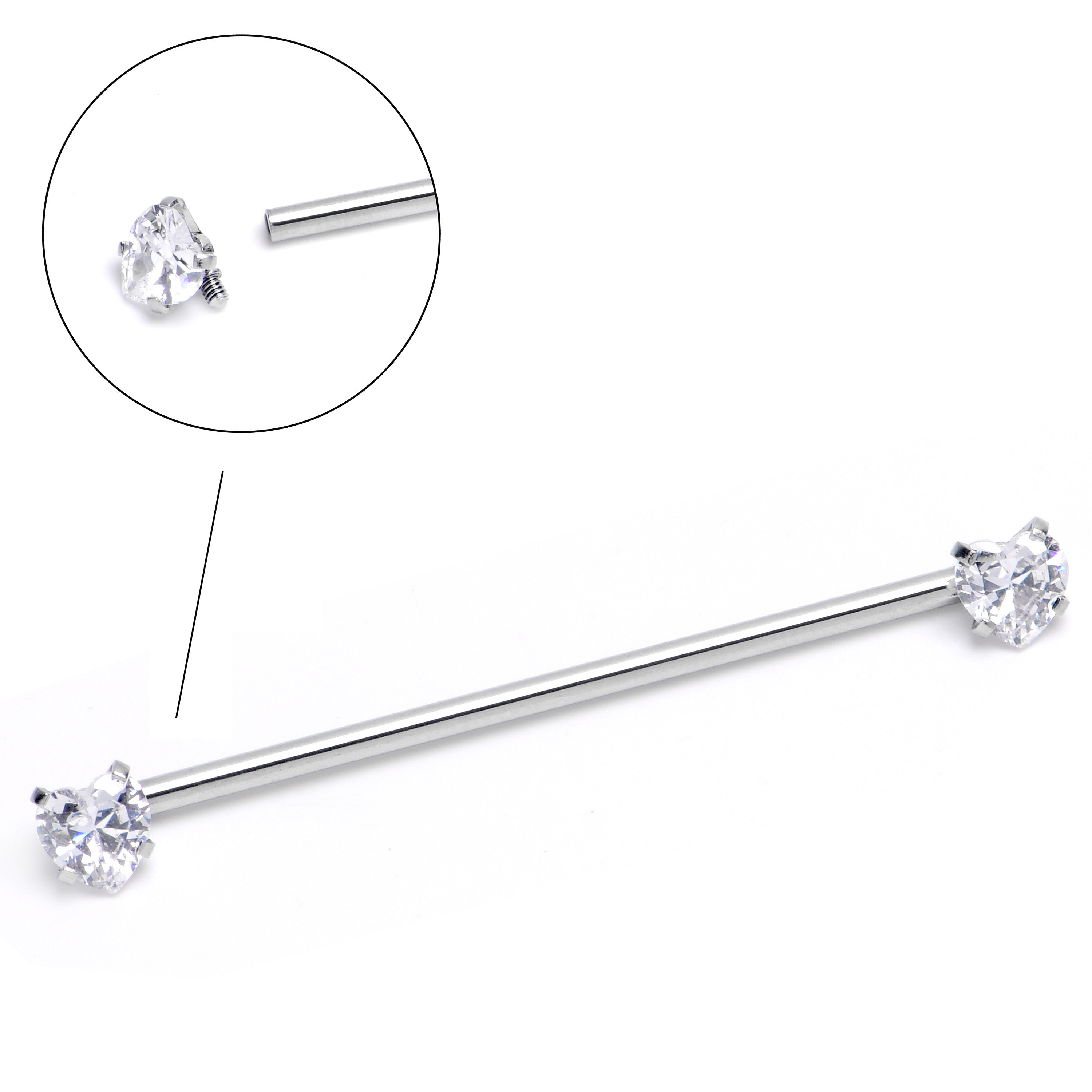 14 Gauge Clear CZ Gem Heart Internally Threaded Industrial Barbell 38mm