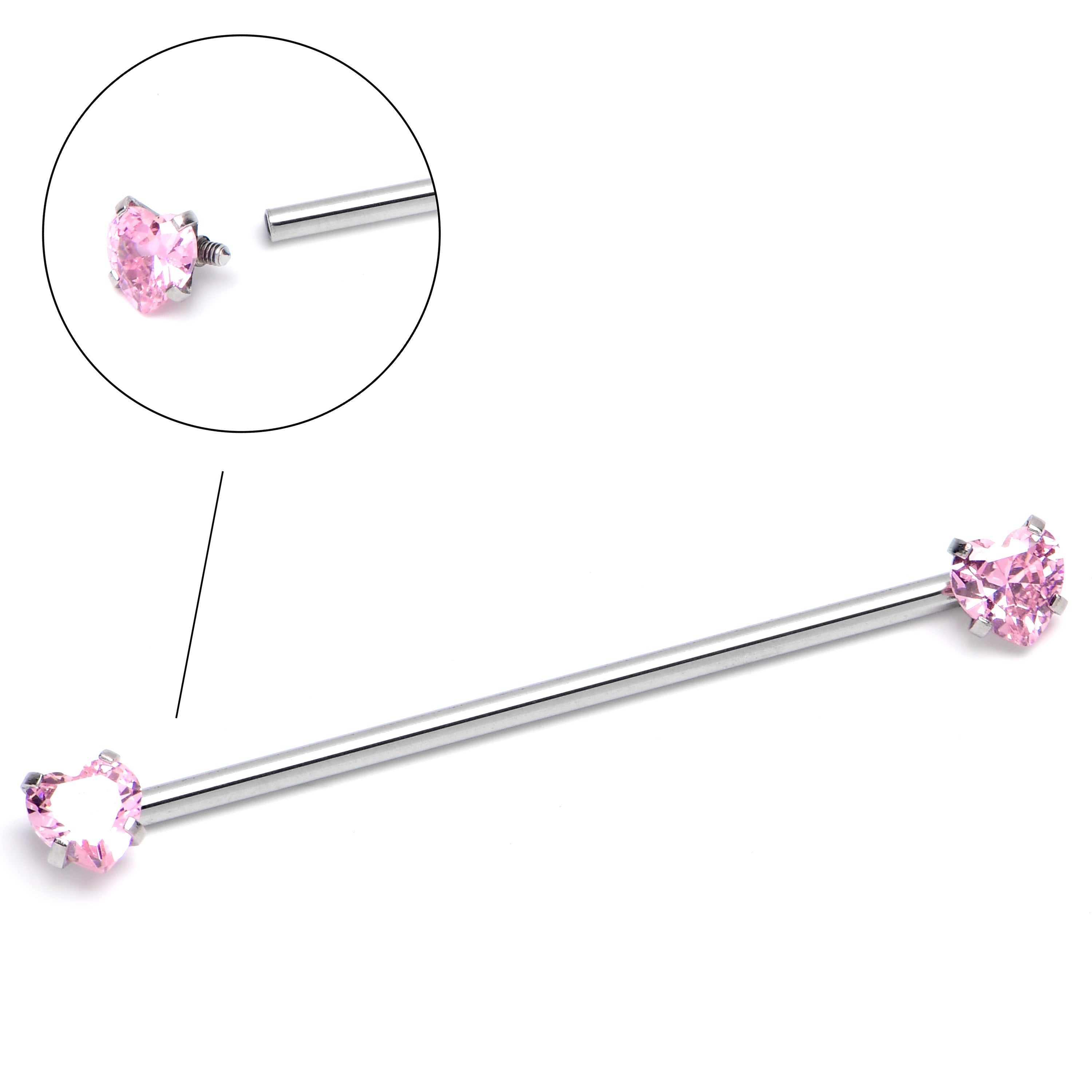 14 Gauge Pink CZ Gem Heart Internally Threaded Industrial Barbell 38mm