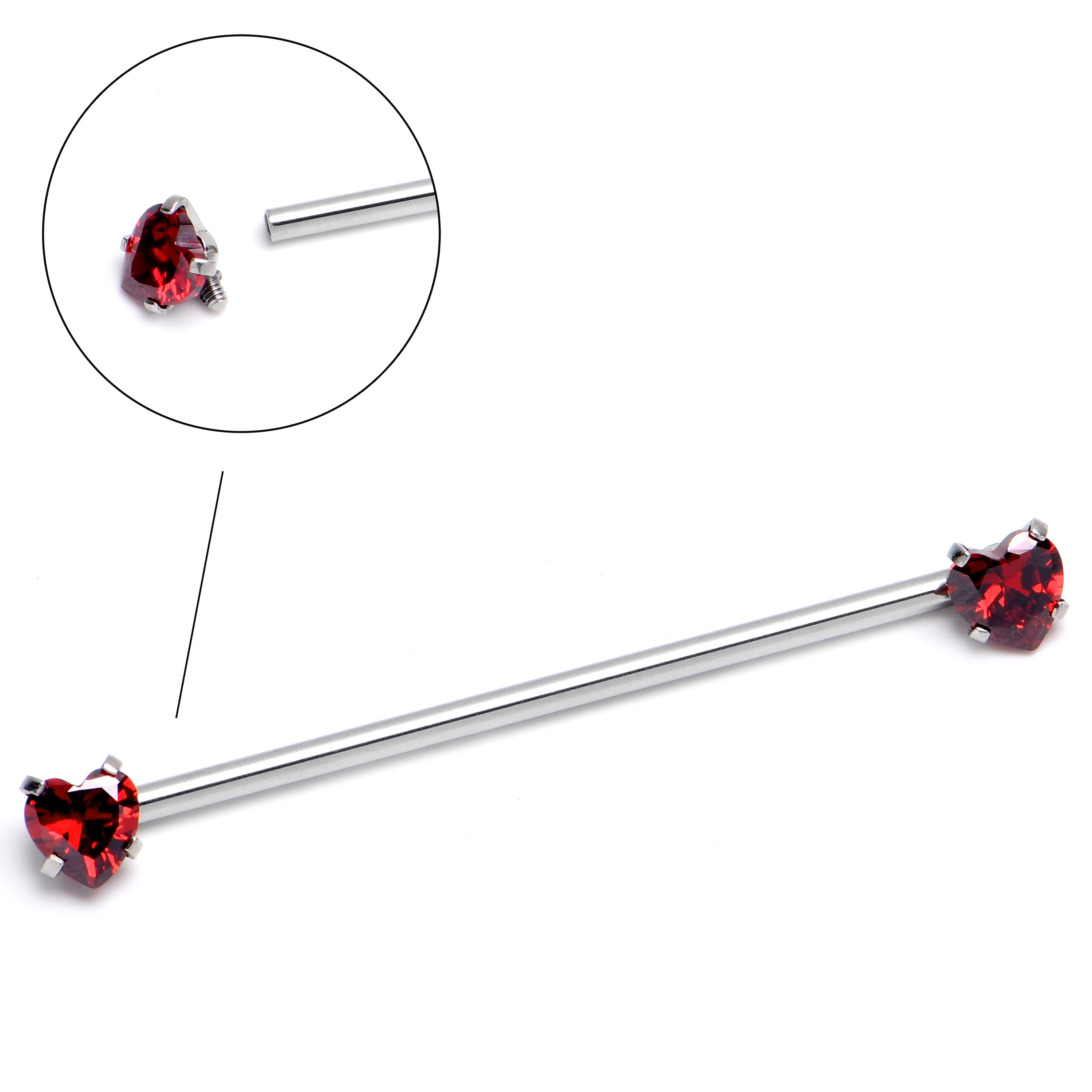 14 Gauge Red CZ Gem Heart Internally Threaded Industrial Barbell 38mm