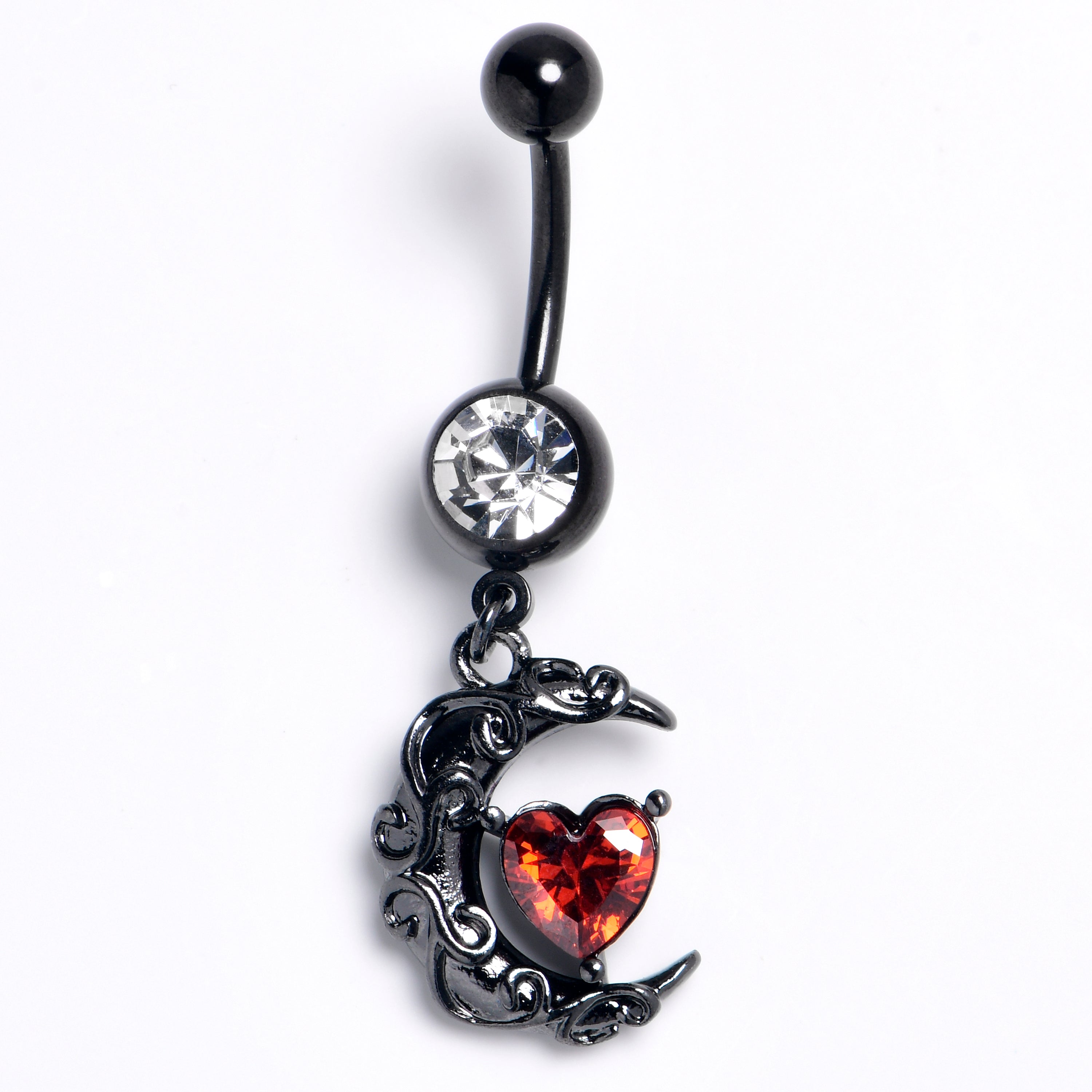 Clear Red Gem Black Heart Scroll Moon Dangle Belly Ring