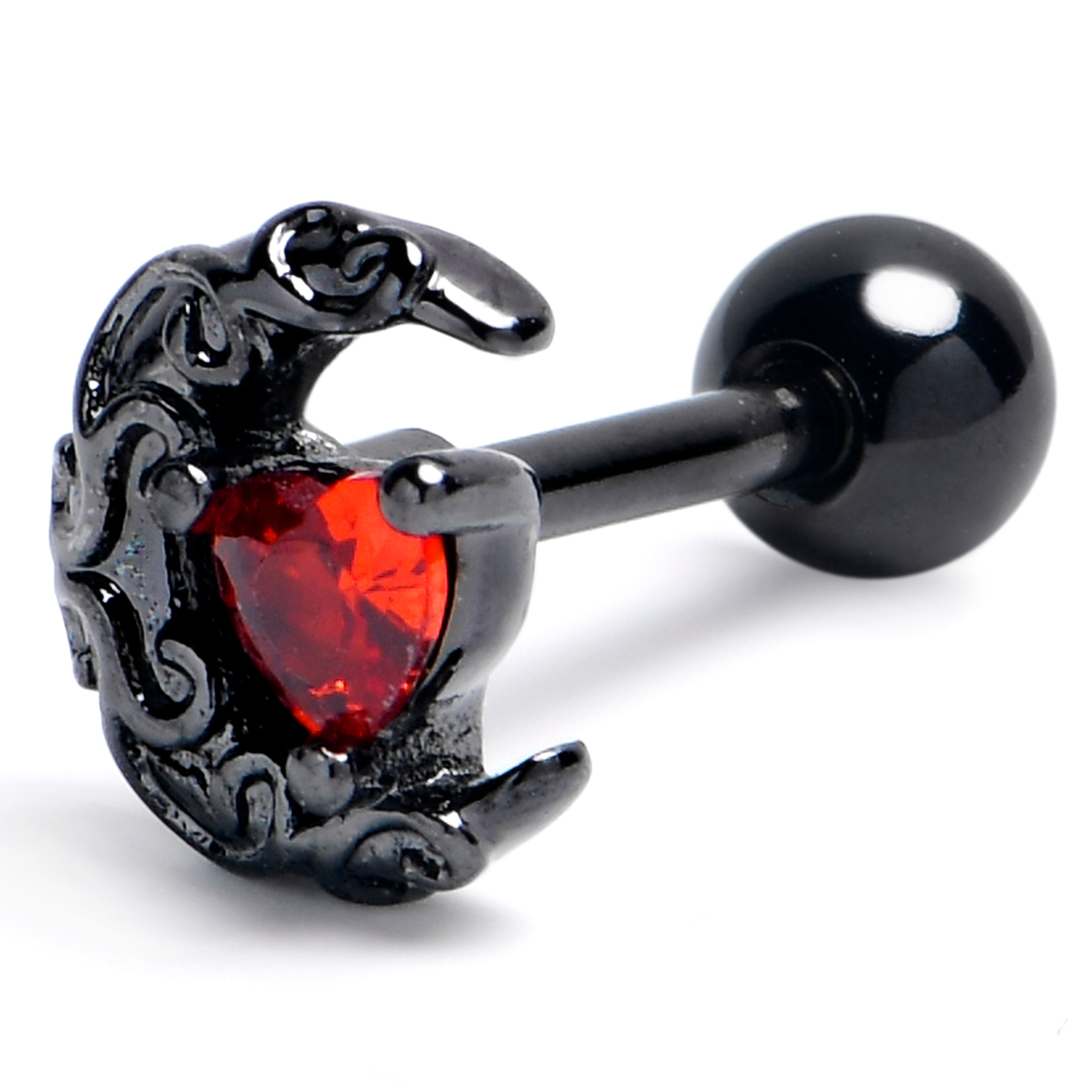 16 Gauge 1/4 Red Gem Black Heart Scroll Moon Cartilage Tragus Earring