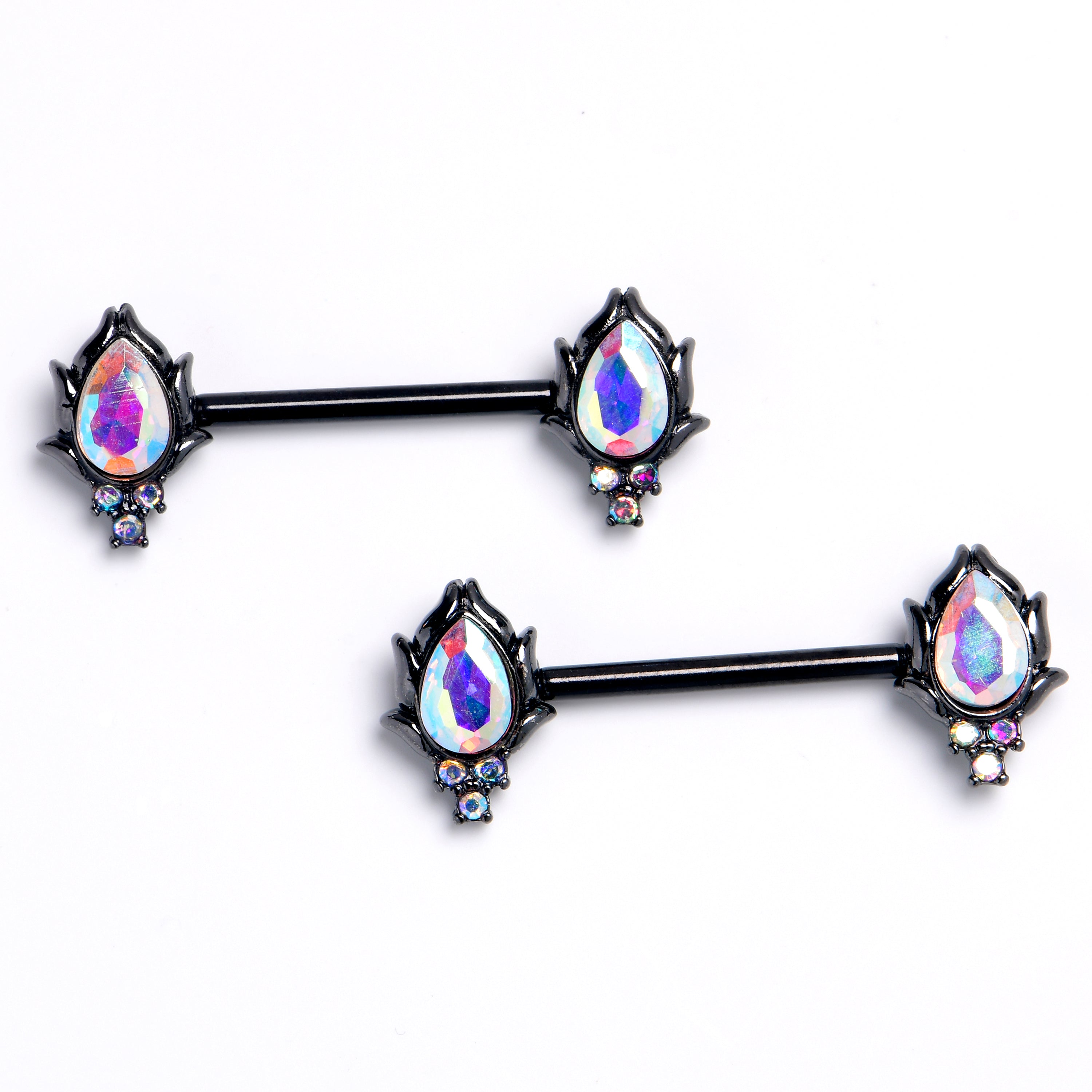 14 Gauge 9/16 Aurora CZ Gem Black Dream Drop Barbell Nipple Ring Set