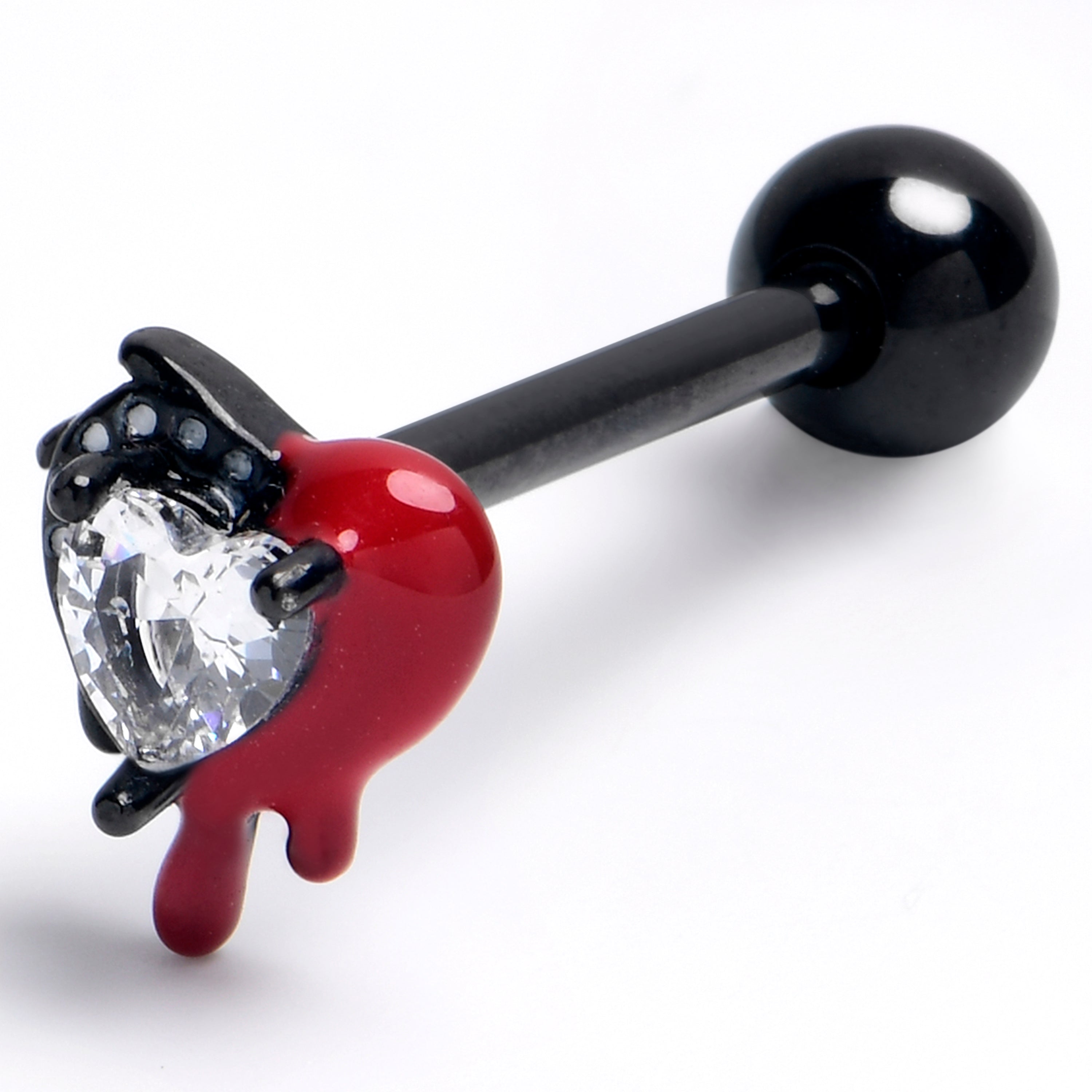 Clear Gem Black Bleeding Heart Barbell Tongue Ring