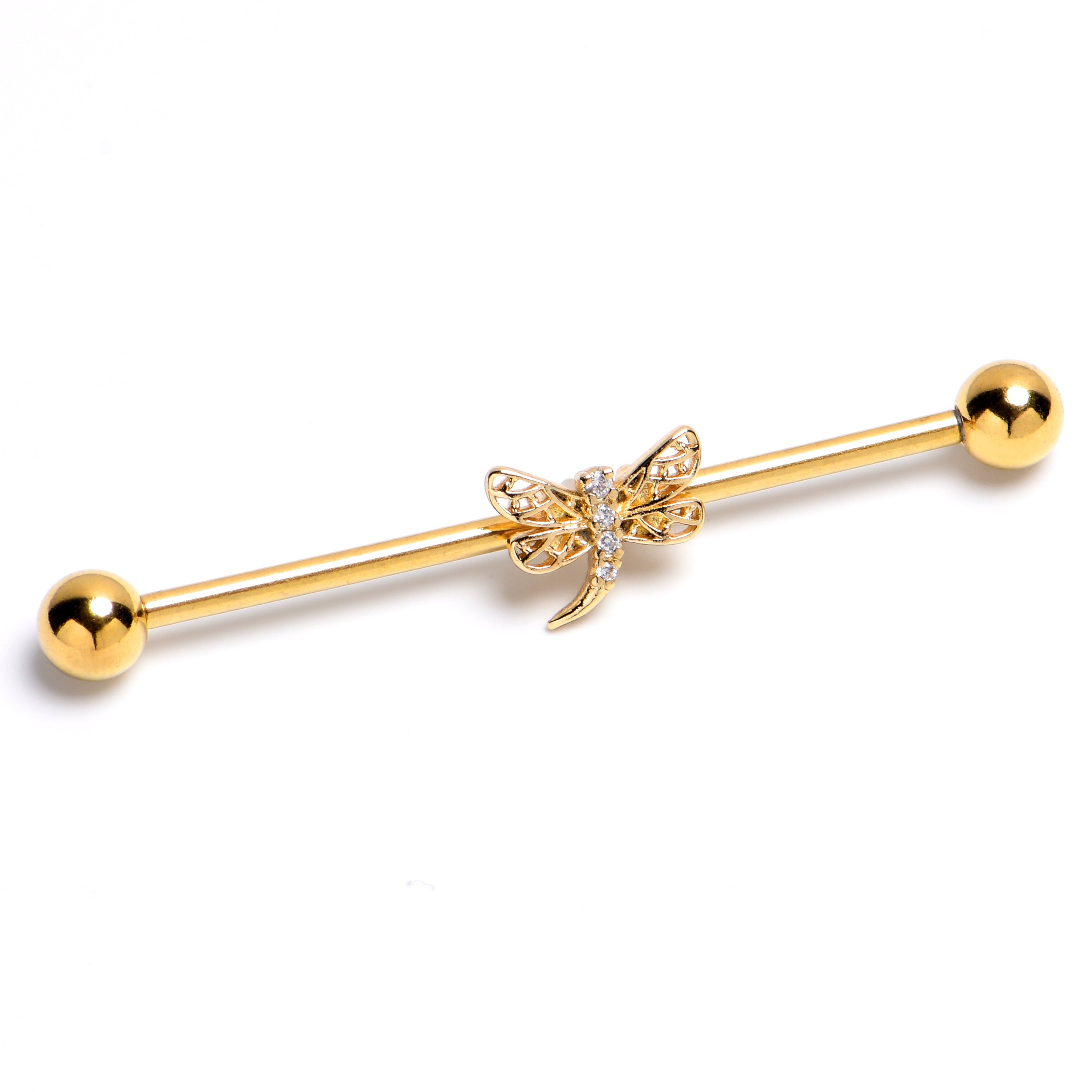 14 Gauge Clear Gem Gold Tone Filigree Dragonfly Industrial Barbell 38mm