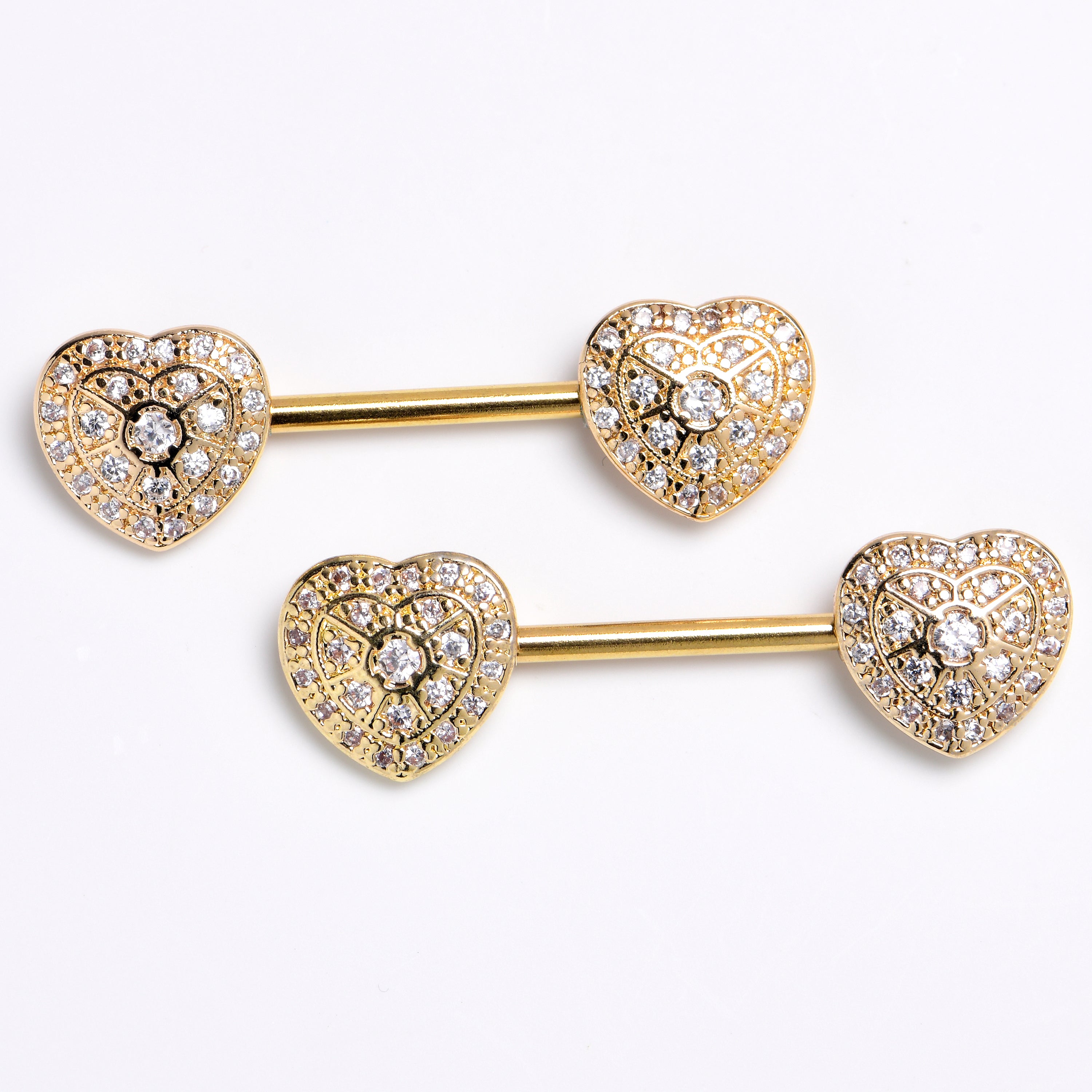 14 Gauge 9/16 Clear CZ Gem Gold Tone Luxe Heart Barbell Nipple Ring Set