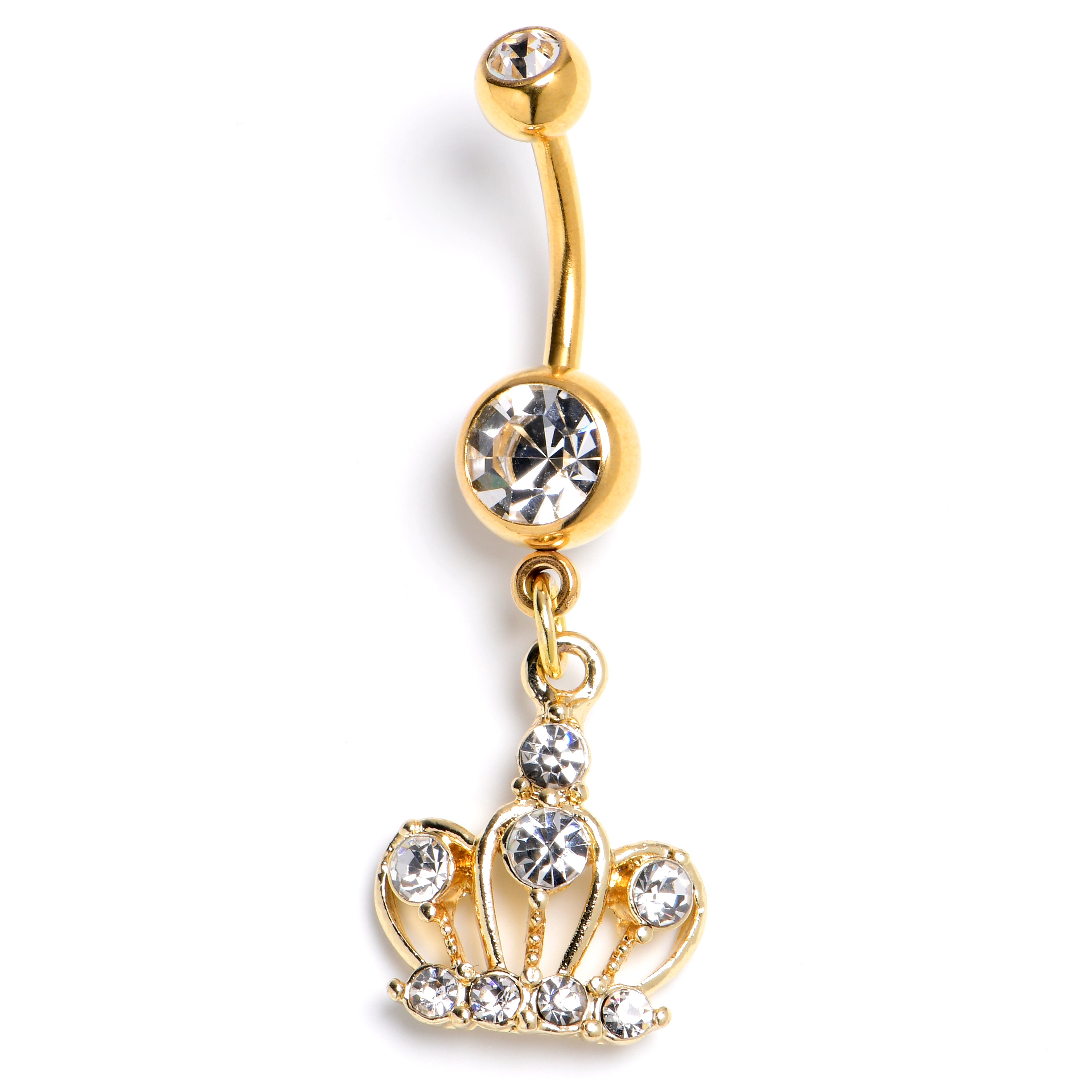 Clear Gem Gold Tone Epic Crown Dangle Belly Ring