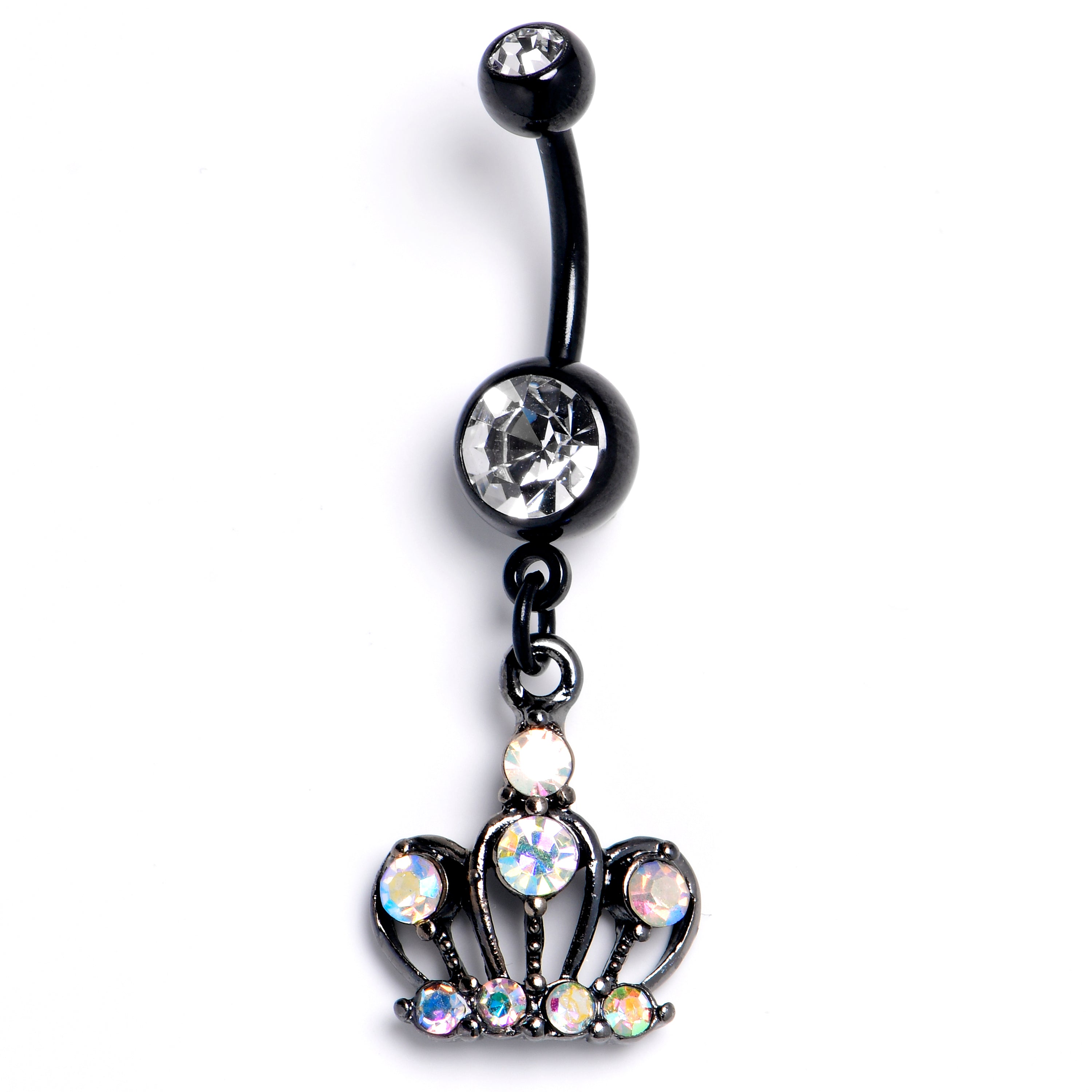 Clear Aurora Gem Black Epic Crown Dangle Belly Ring