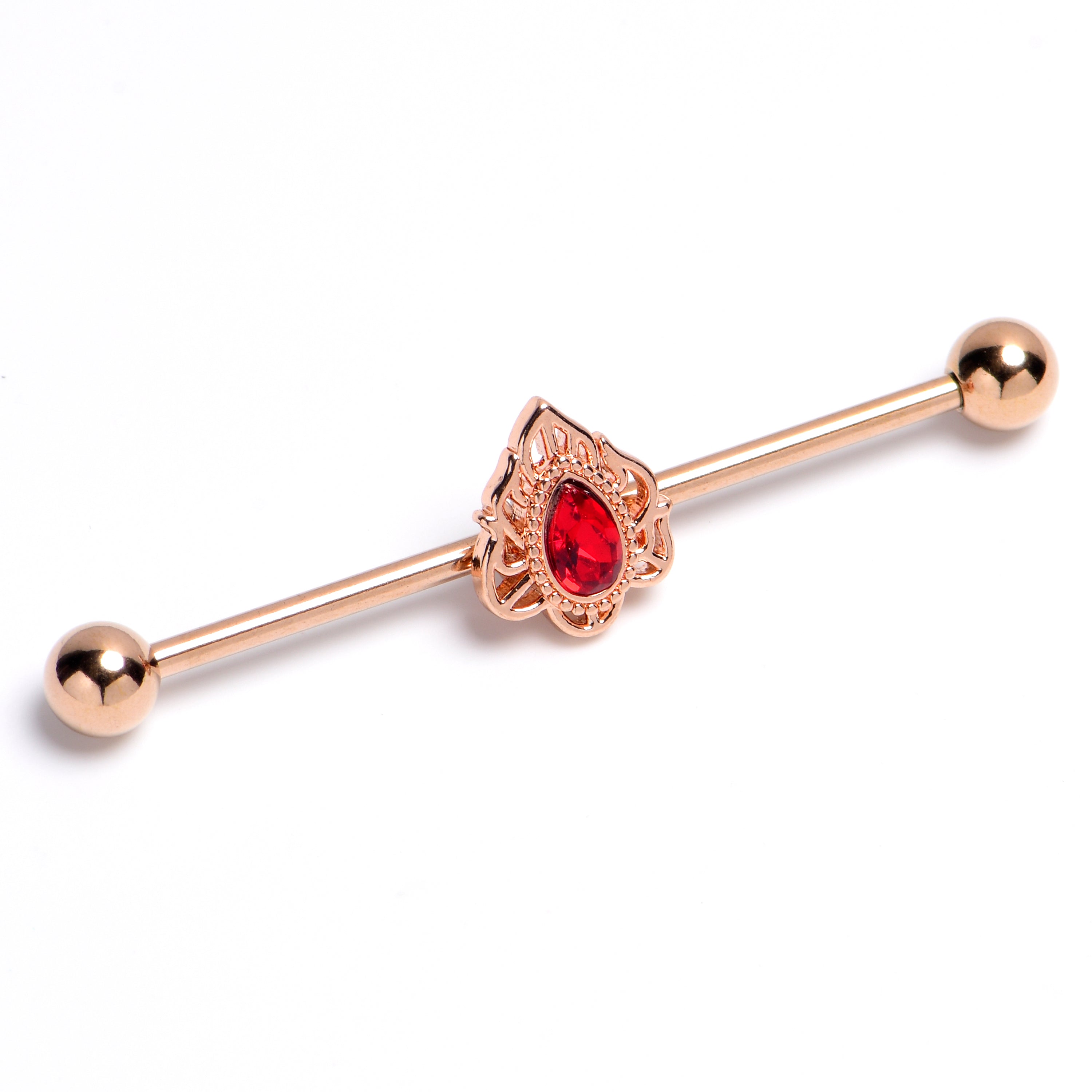 14 Gauge Red Gem Rose Gold Tone Firey Flame Industrial Barbell 38mm