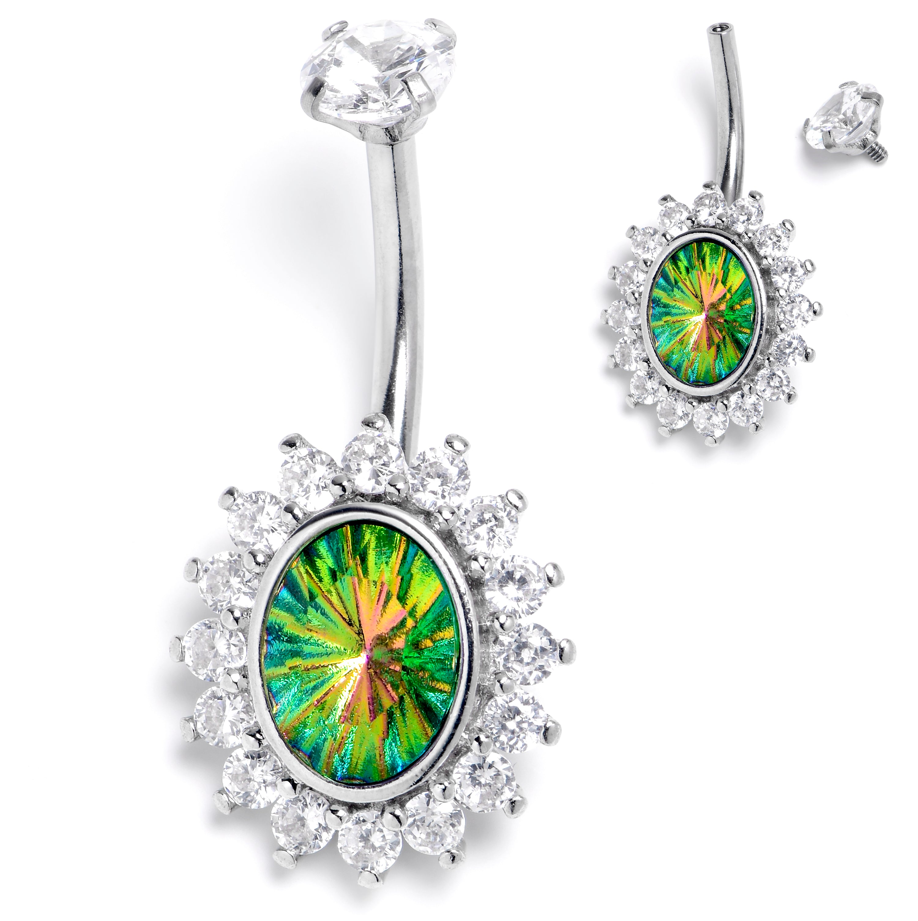 Green CZ Gem Internally Threaded Aurora Effect Belly Ring