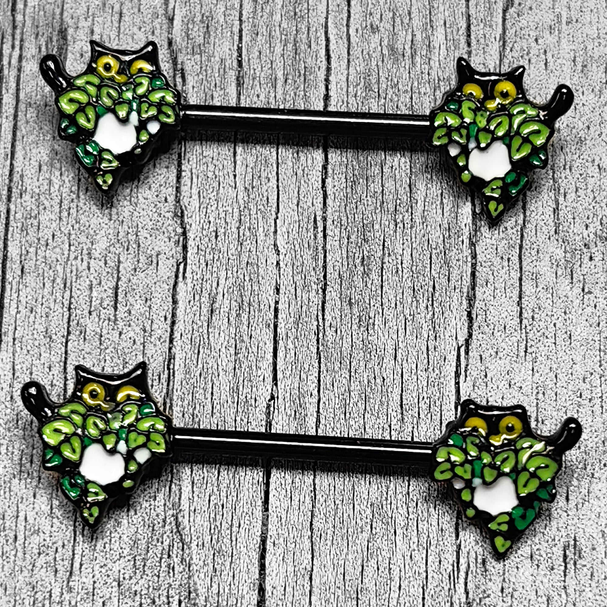 14 Gauge 9/16 Black Pouncing Cat Barbell Nipple Ring Set