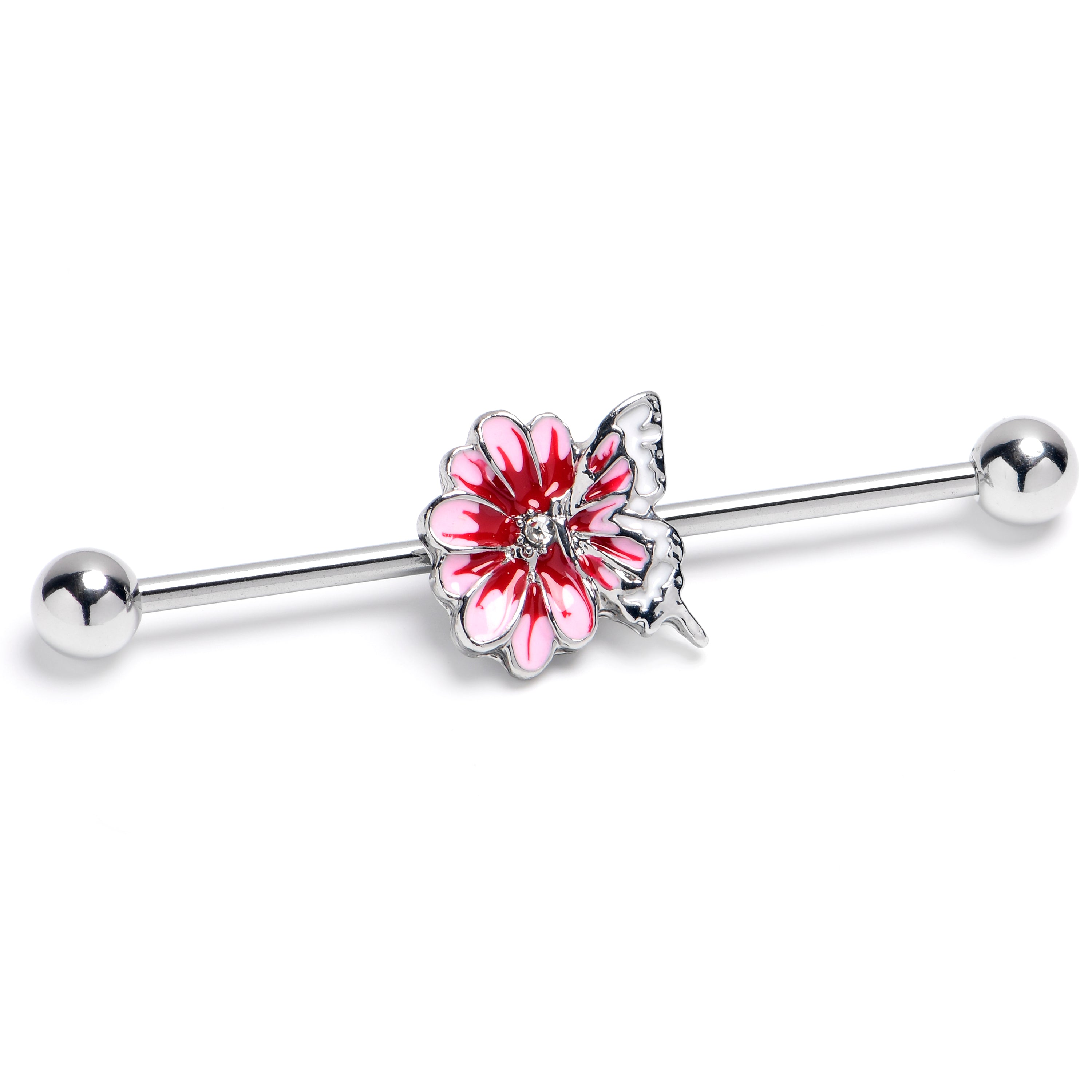 14 Gauge Clear CZ Gem Butterfly Blossom Pink Industrial Barbell 38mm