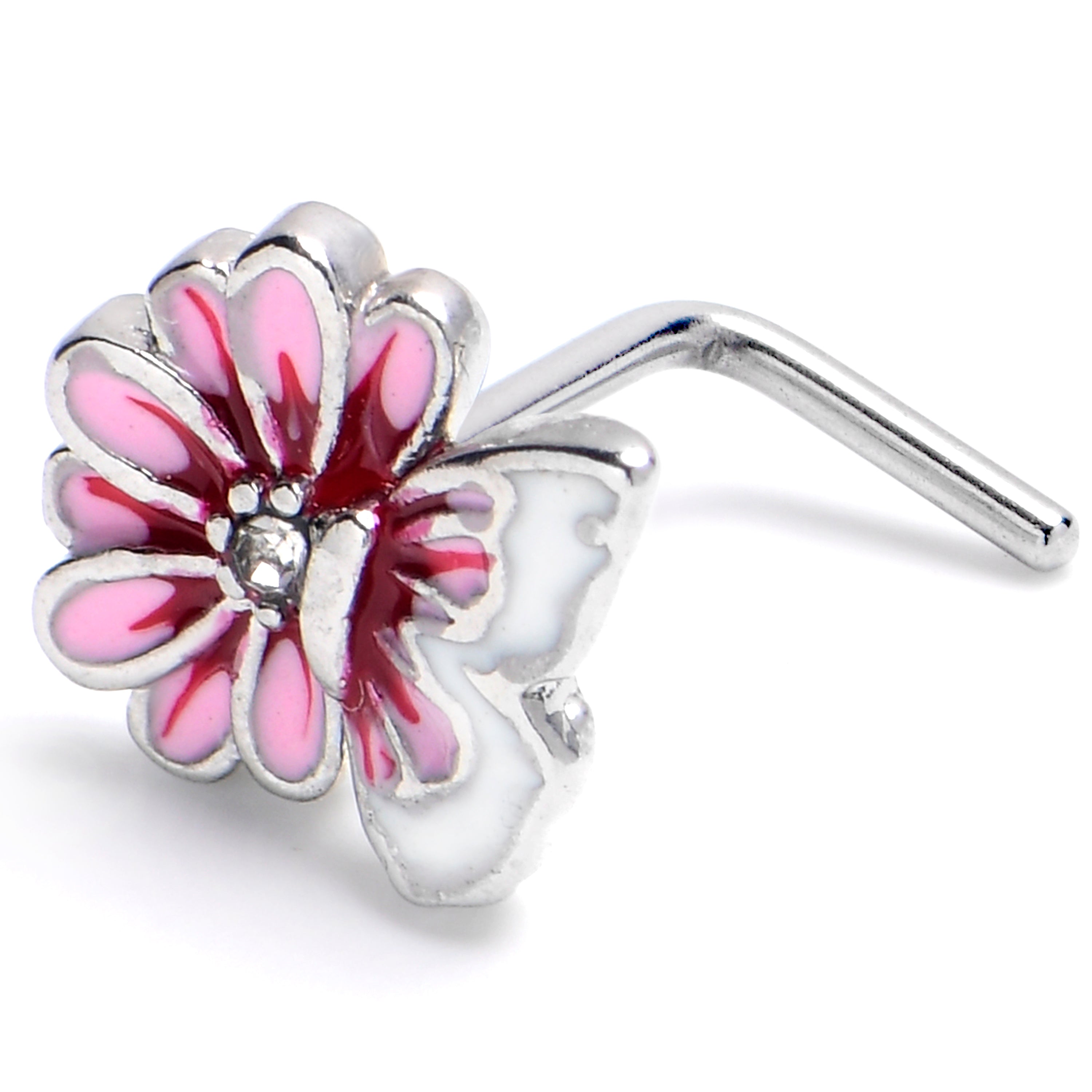 20 Gauge 1/4 Clear CZ Gem Butterfly Blossom Pink L Shape Nose Ring