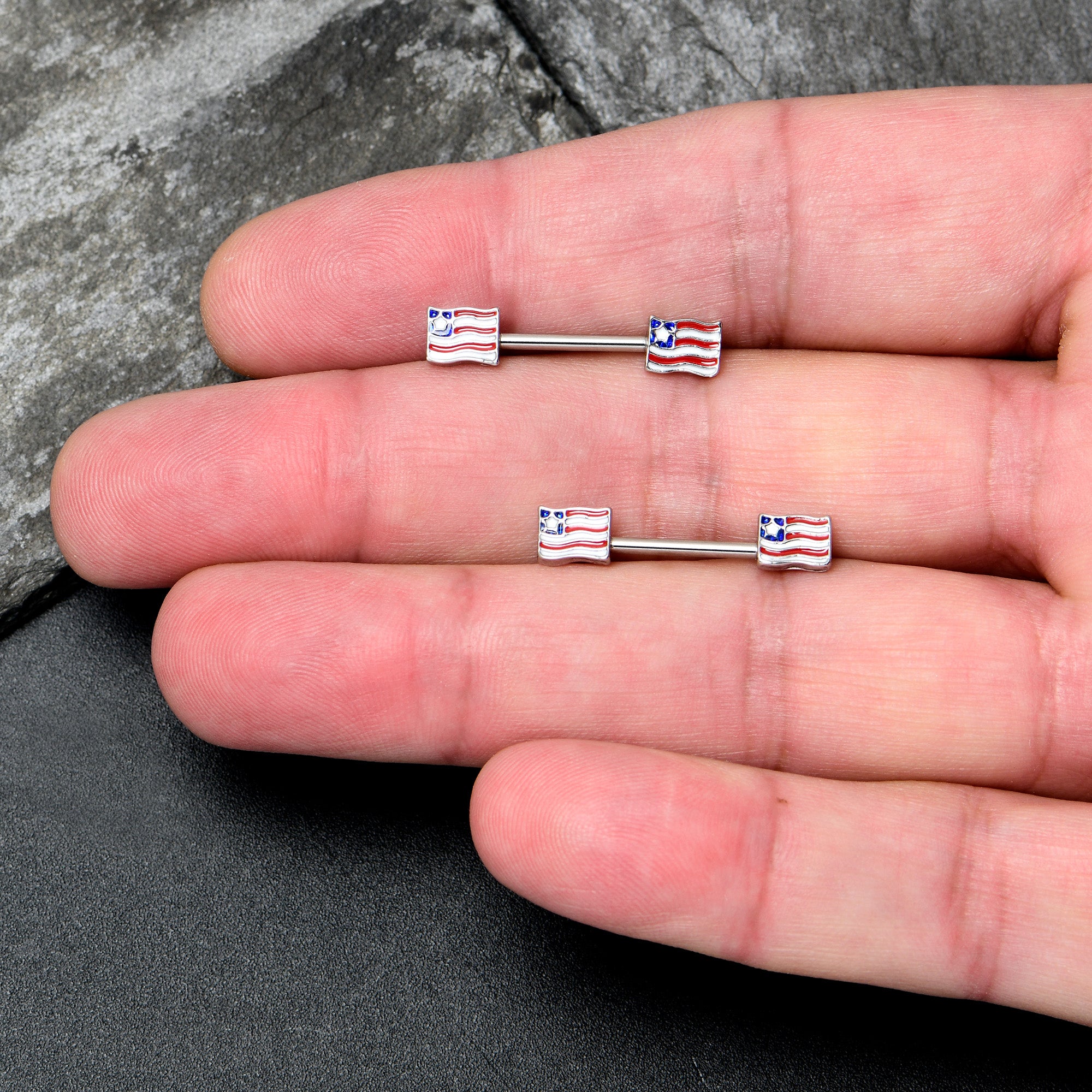 14 Gauge 9/16 Patriotic Flag Barbell Nipple Ring Set