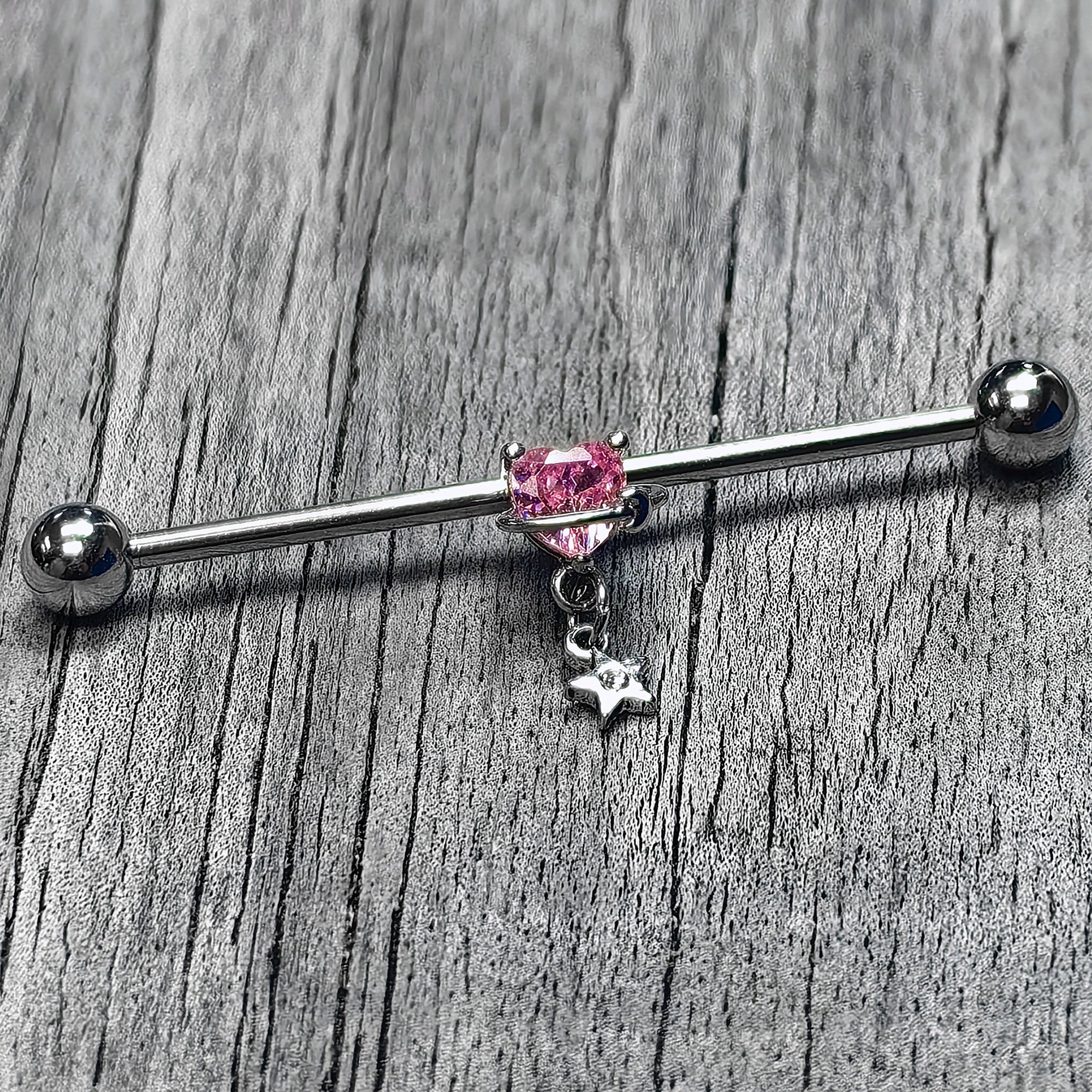 14 Gauge Pink CZ Gem Starry Saturn Heart Dangle Industrial Barbell 38mm