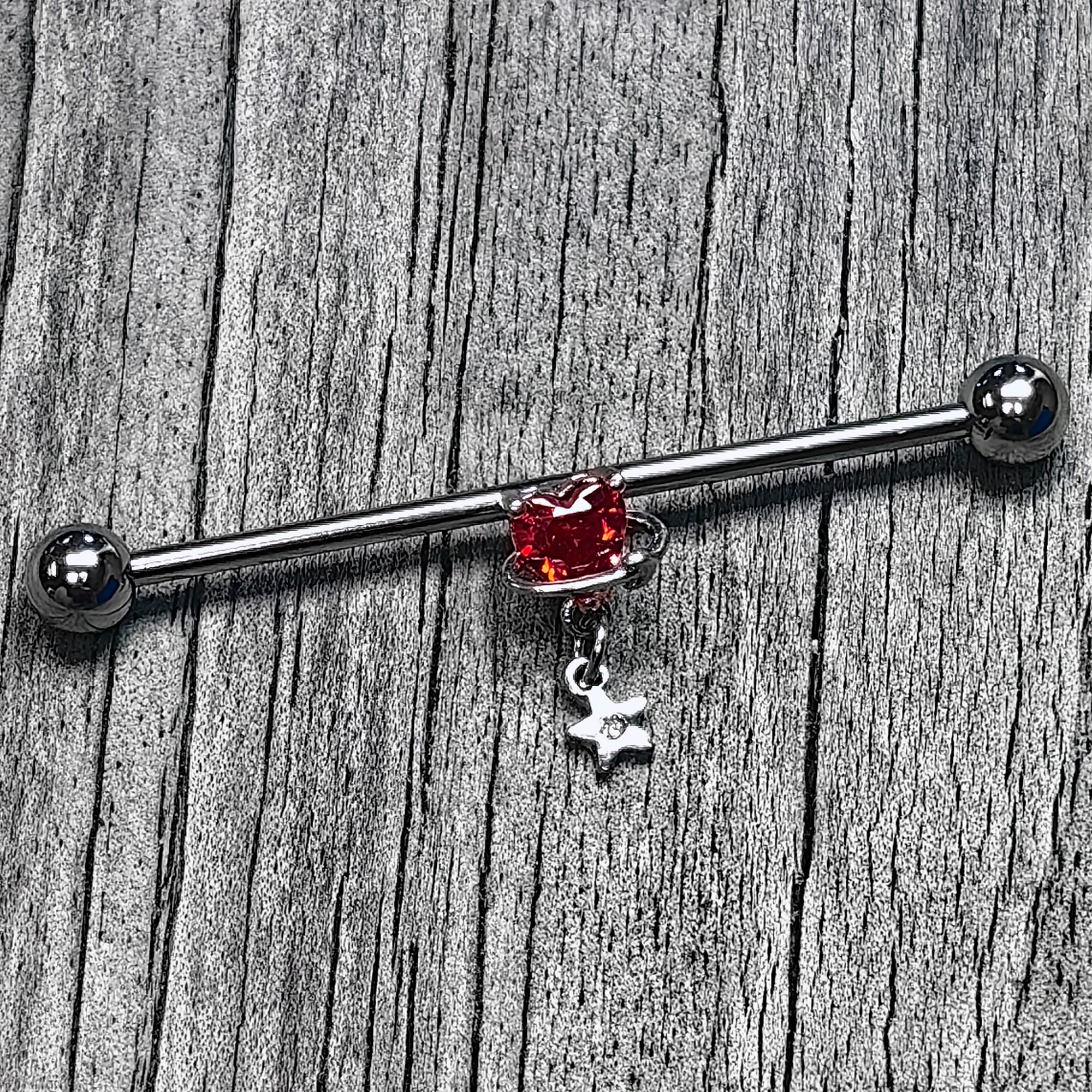 14 Gauge Red CZ Gem Starry Saturn Heart Dangle Industrial Barbell 38m