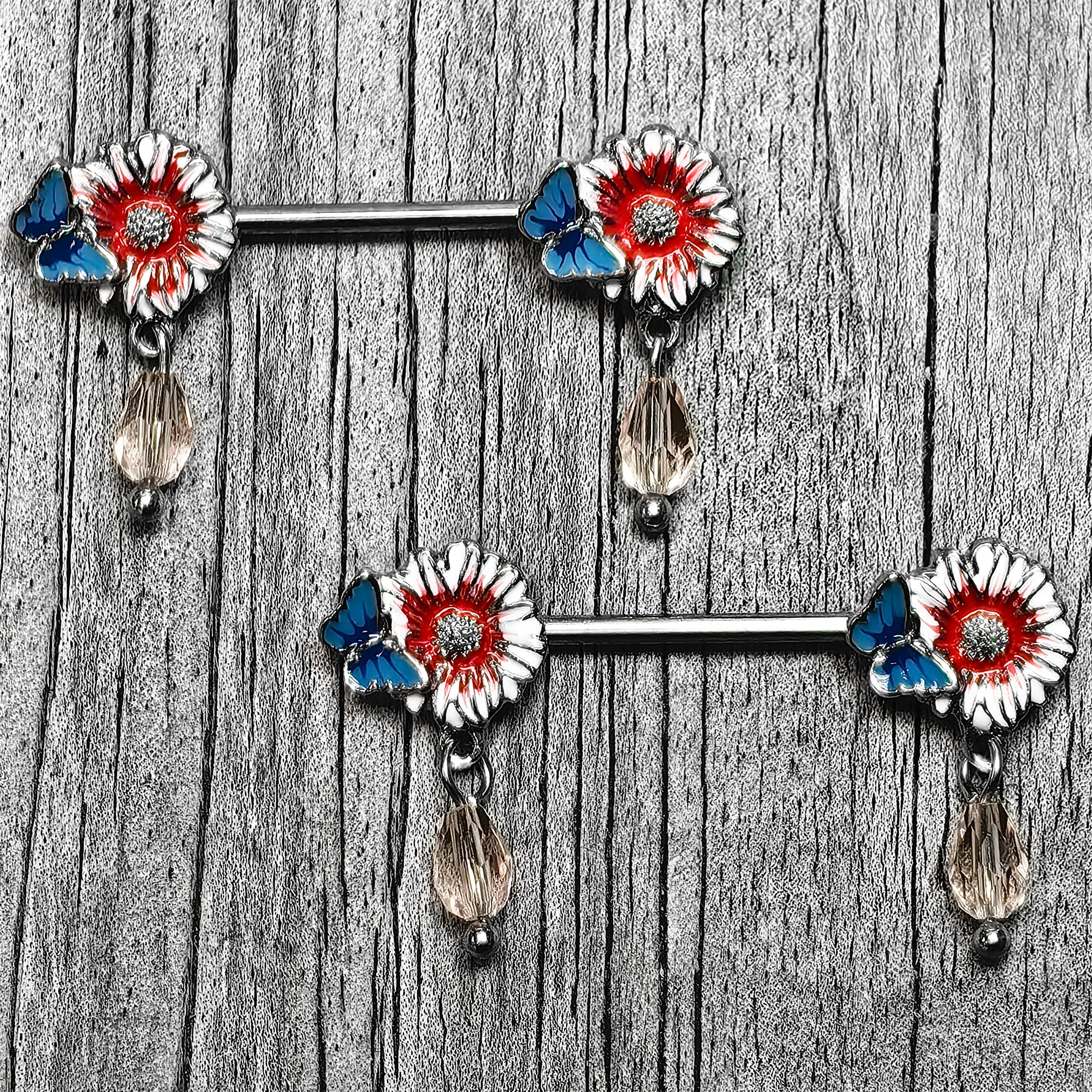 14 Gauge 9/16 Passion Flower Blue Red Butterfly Dangle Nipple Ring Set