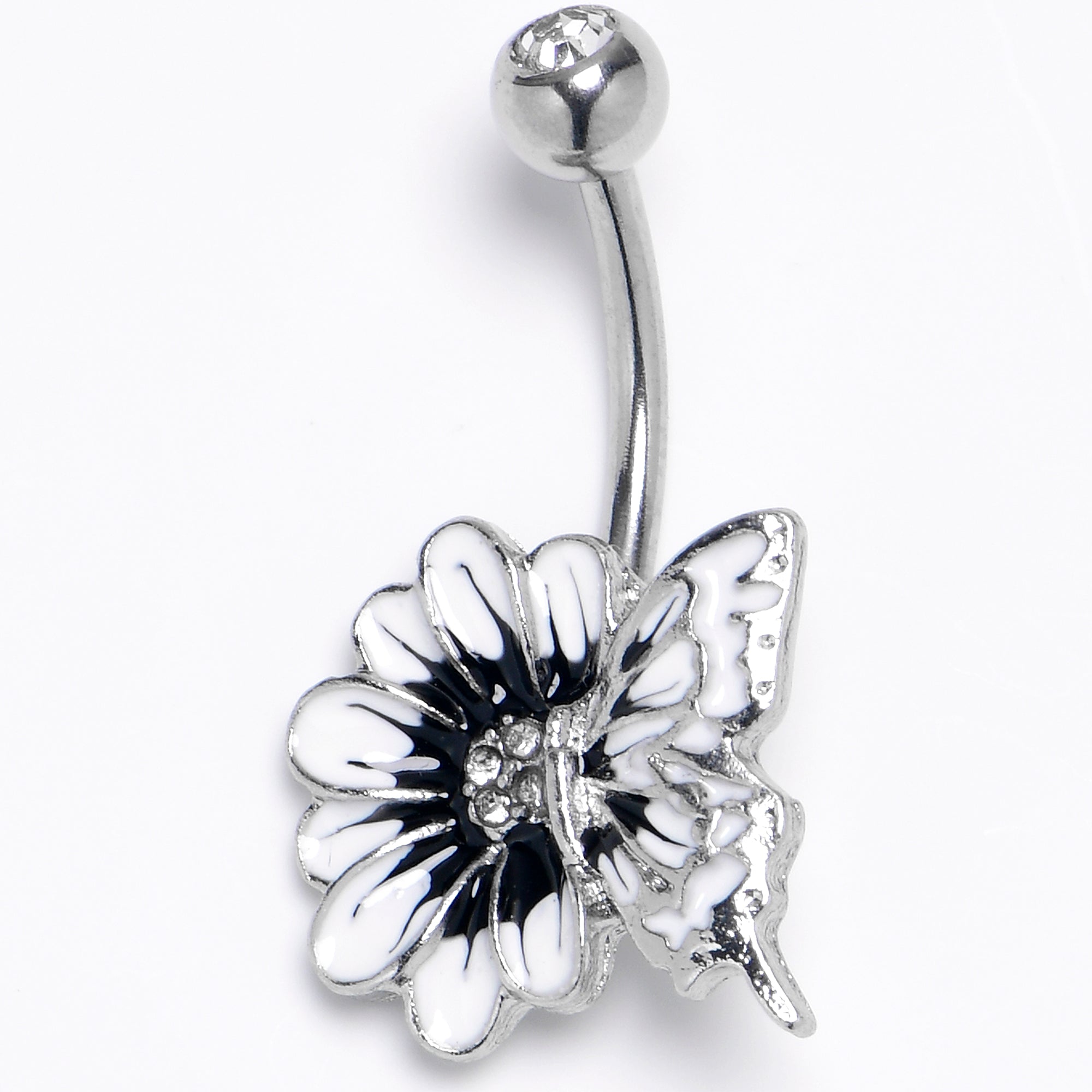 Clear Gem Internally Threaded White Flower Butterfly Belly Ring