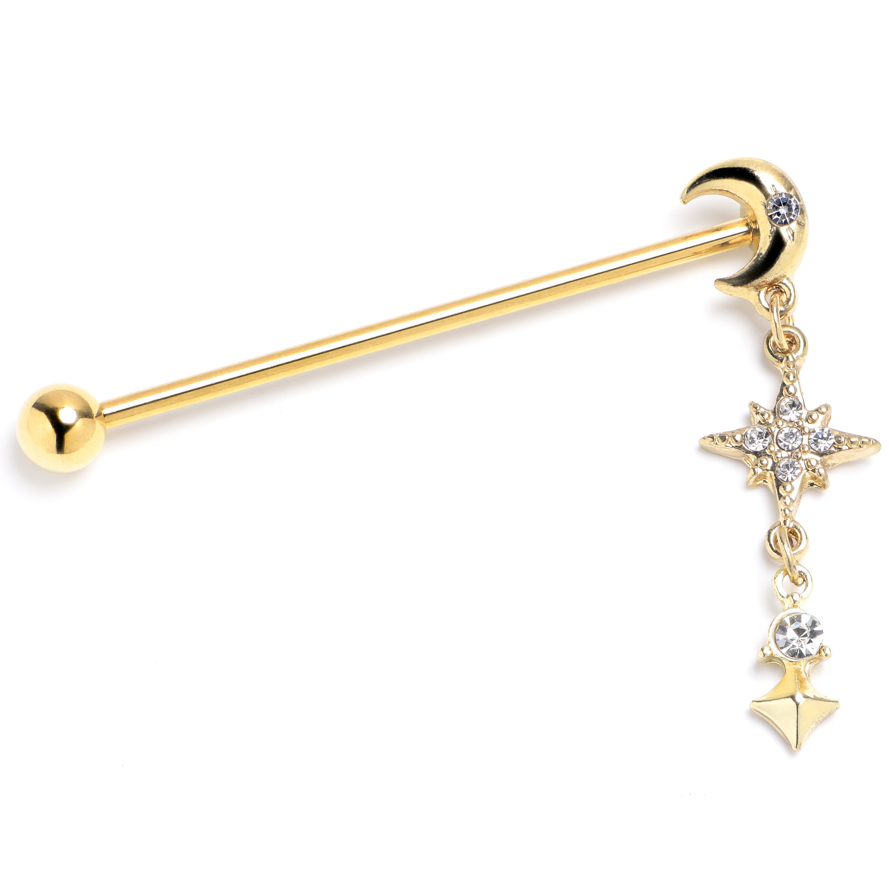 14 Gauge Clear Gem Gold Tone Celestial Glam Industrial Barbell 38mm