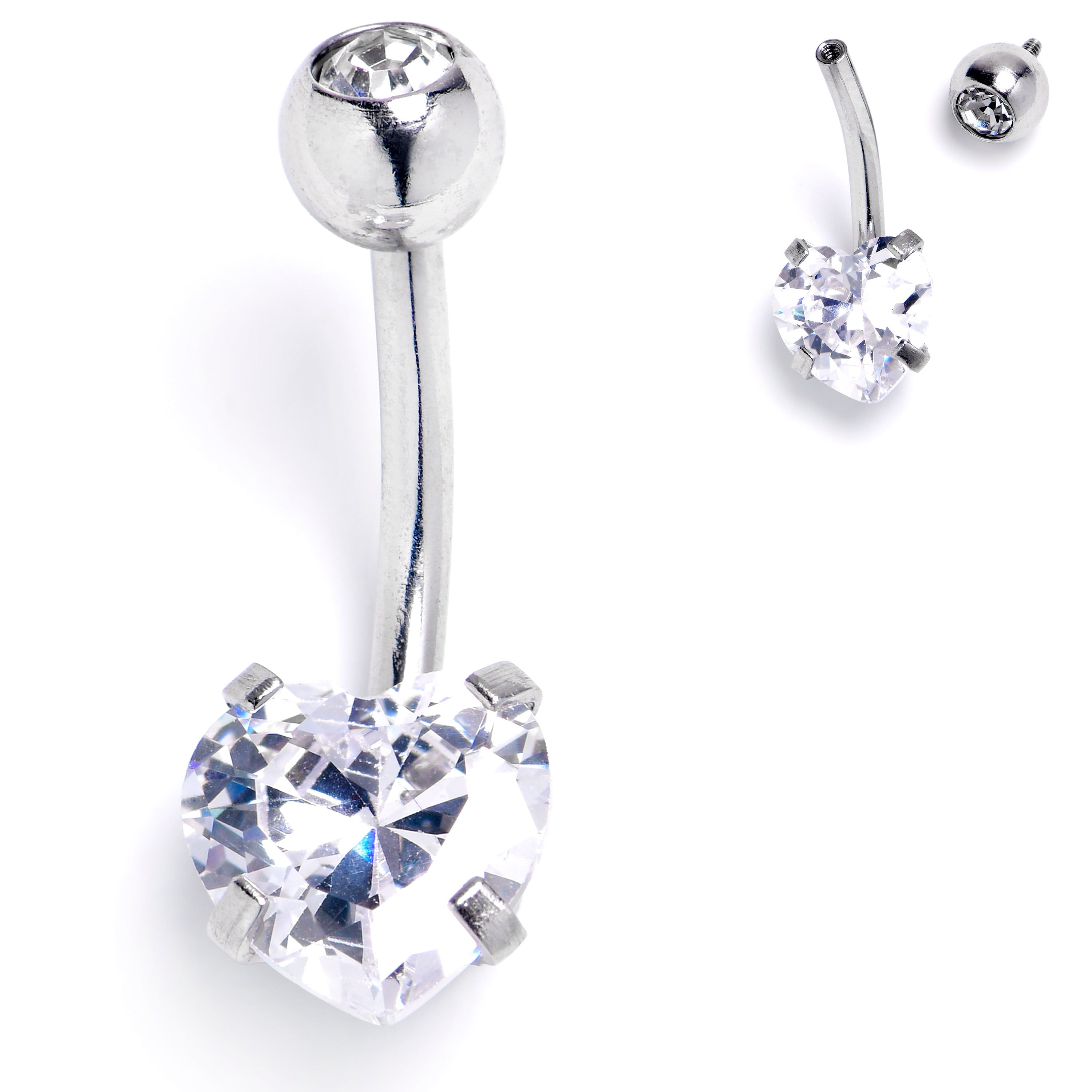 Clear CZ Gem Heart Internally Threaded Belly Ring