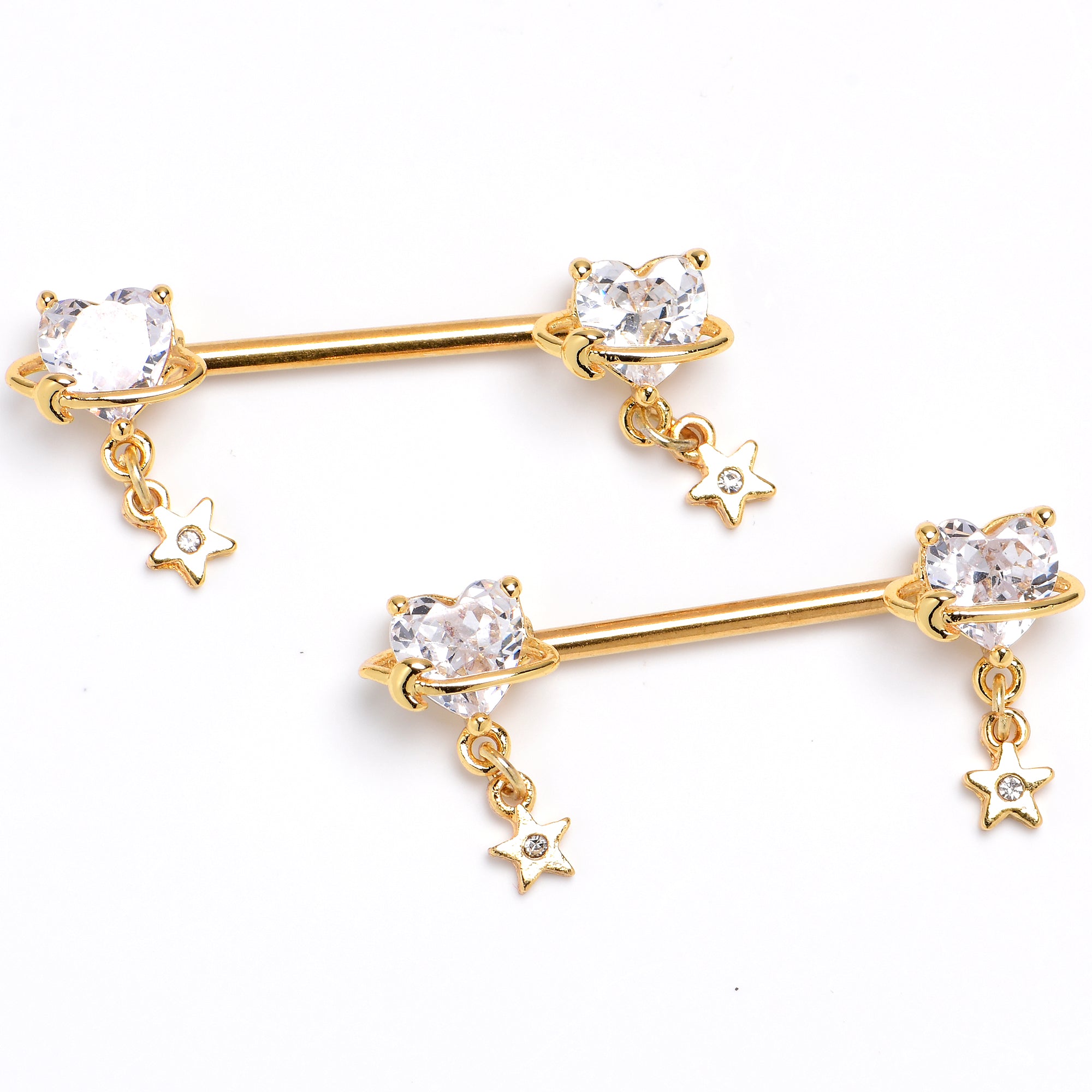 14 Gauge 9/16 Clear Gem Gold Tone Starry Heart Dangle Nipple Ring Set