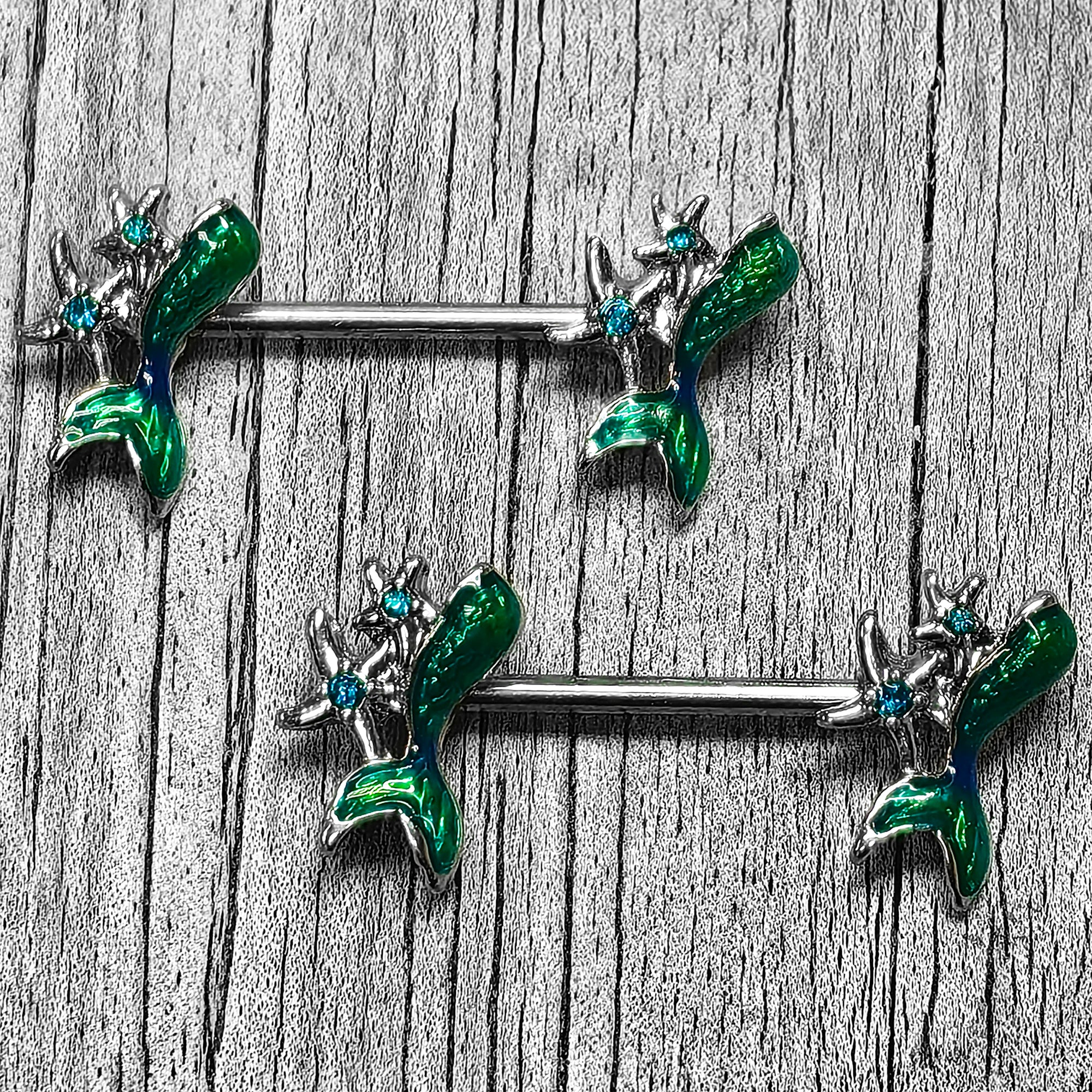 14 Gauge 9/16 Green Gem Blue Mermaid Tail Stars Barbell Nipple Ring Set