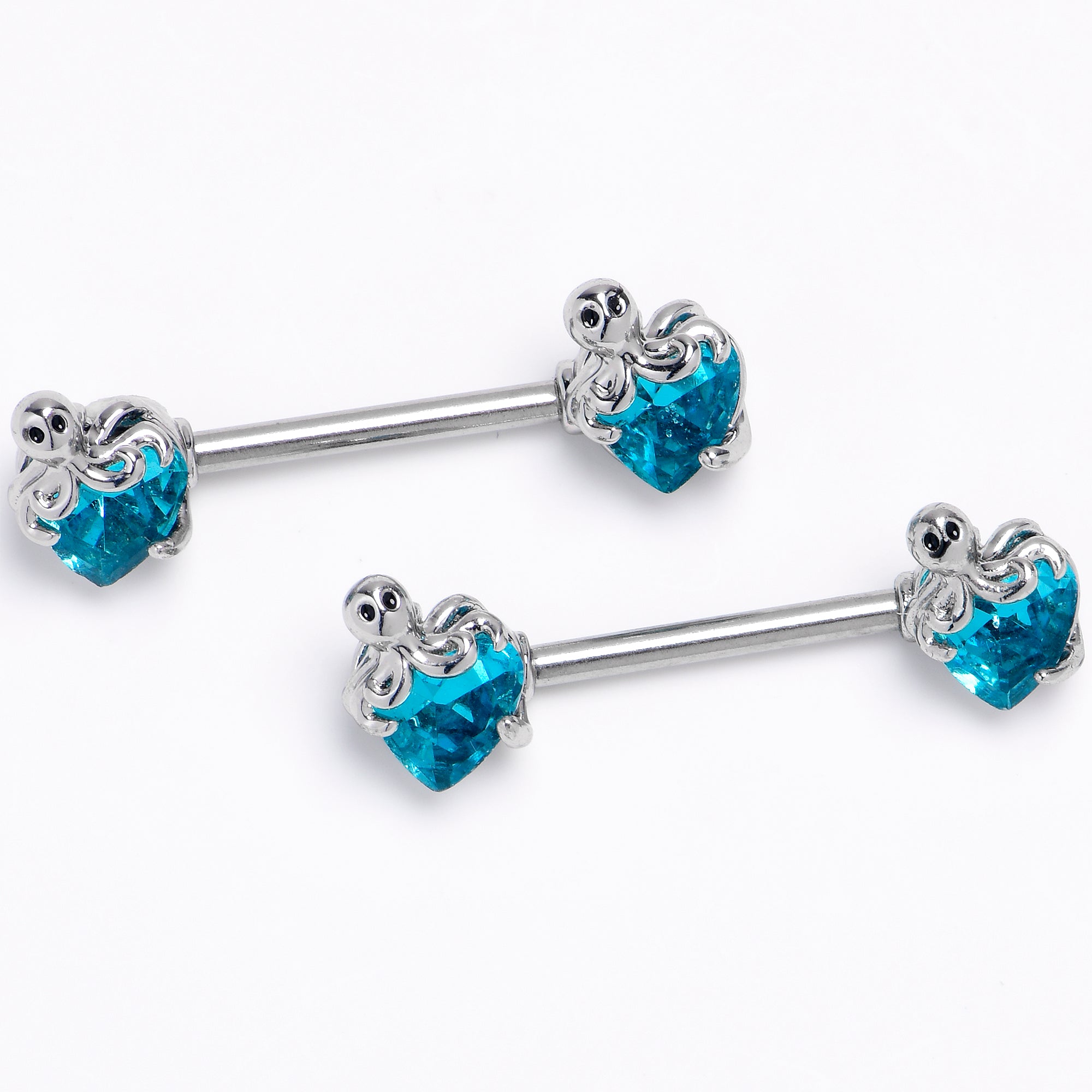 14 Gauge 9/16 Blue Gem Octopus Heart Barbell Nipple Ring Set