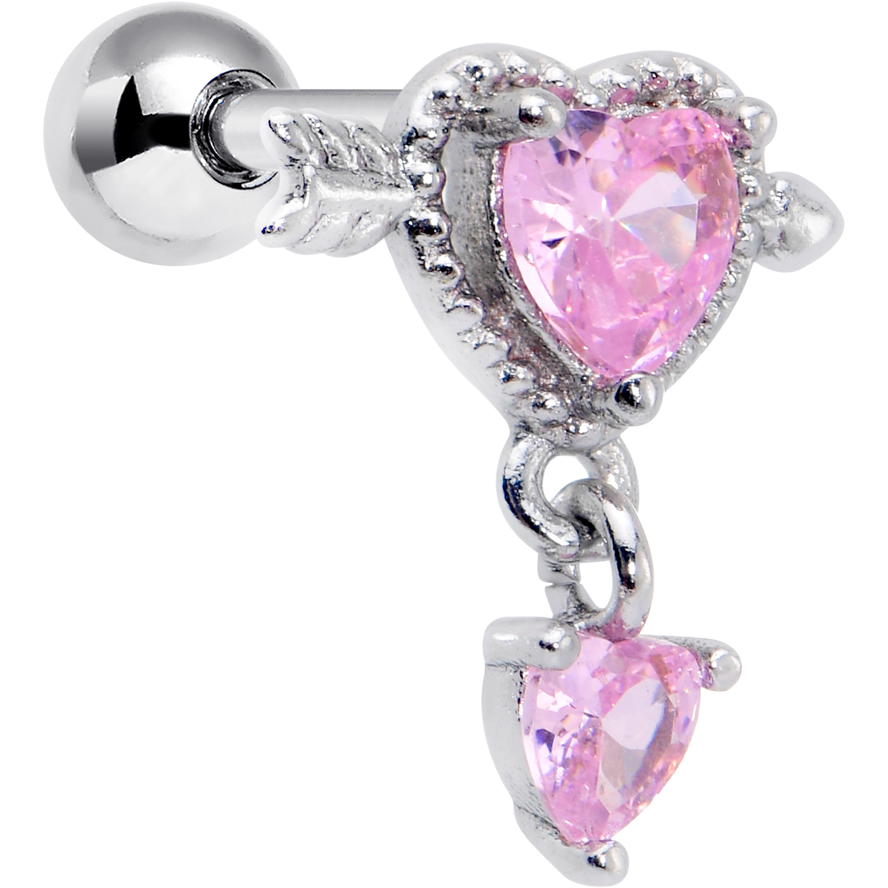 16 Gauge 1/4 Pink Gem Fusion of Love Arrow Heart Cartilage Earring