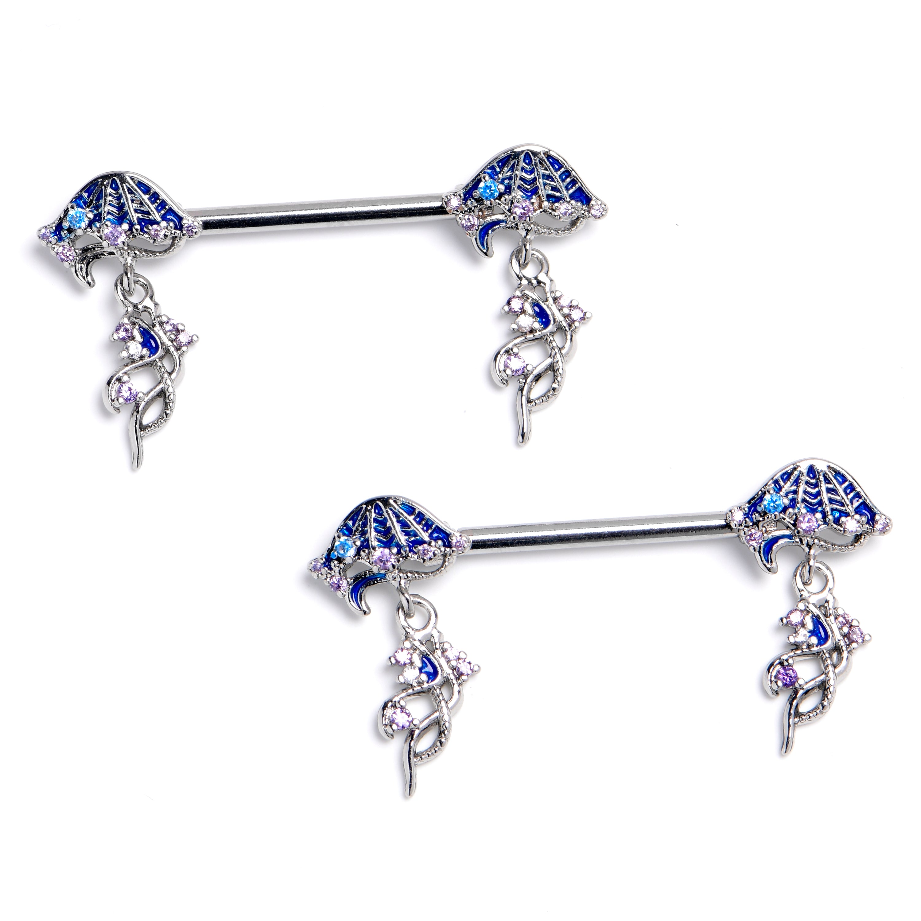 14 Gauge 9/16 Blue CZ Gem Jellyfish Blue Dangle Nipple Ring Set