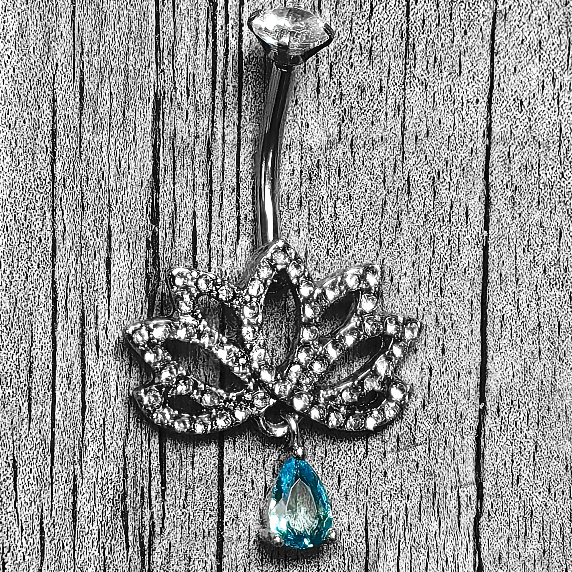 Clear Blue CZ Gem Fashion Flower Lotus Flower Dangle Belly Ring