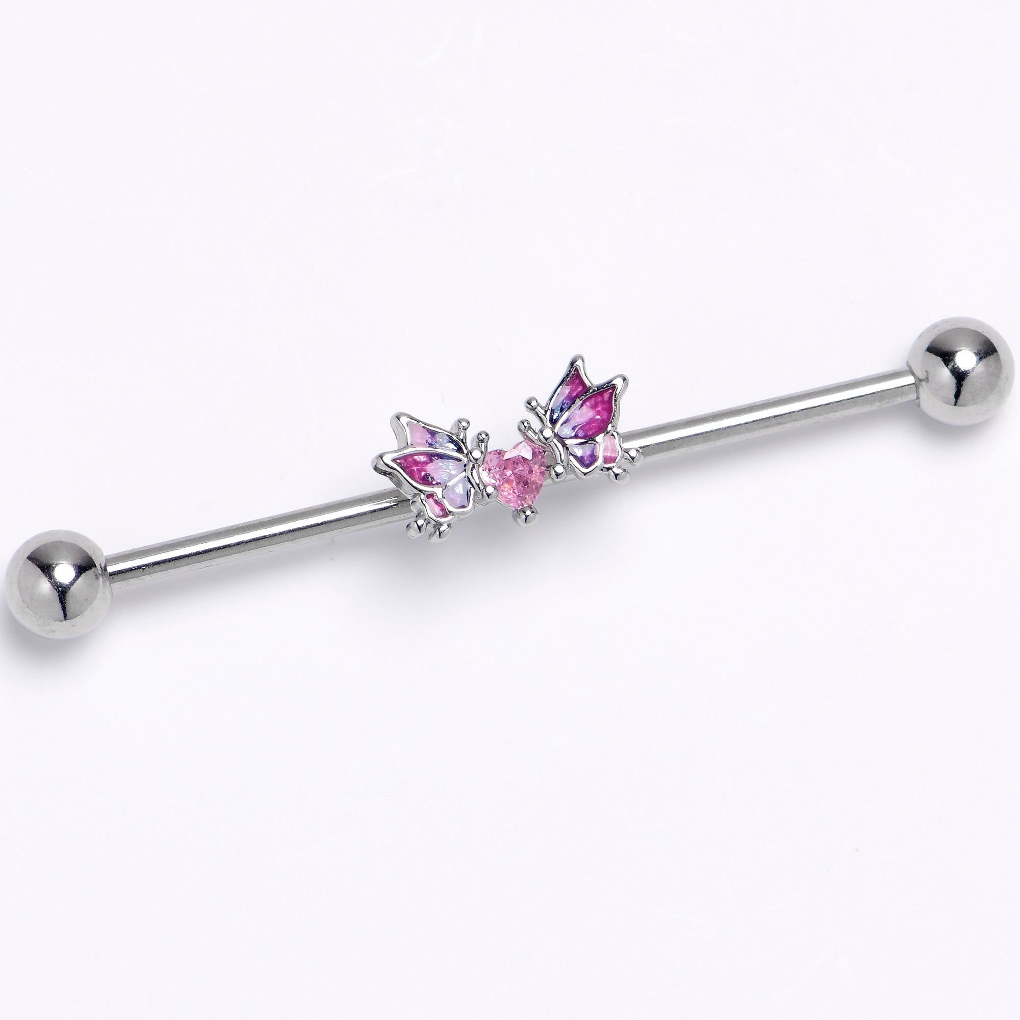 14 Gauge Pink CZ Gem Heart Butterflies Purple Industrial Barbell 38mm