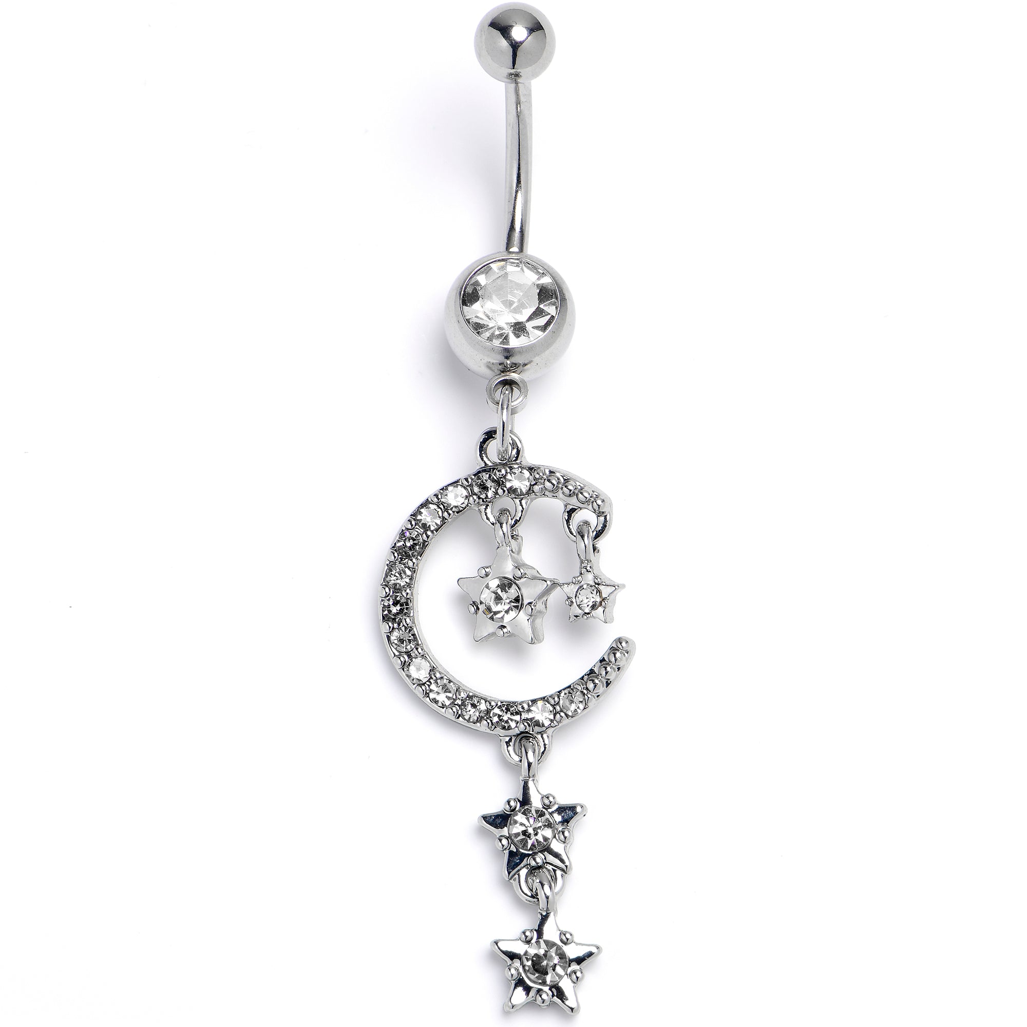 Clear Gem Moon And Stars Internally Threaded Dangle Belly Ring