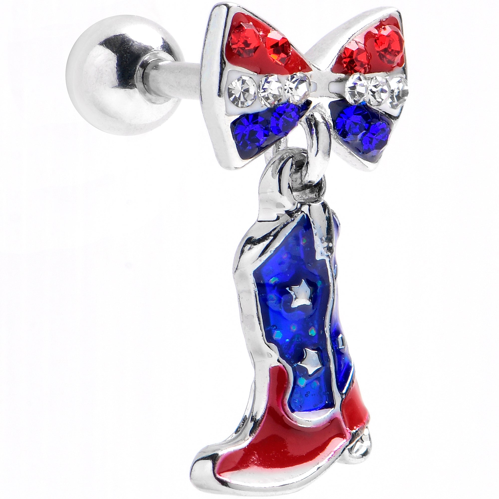 16 Gauge 1/4 Red Blue Gem Cowboy Boot Patriot Dangle Cartilage Earring