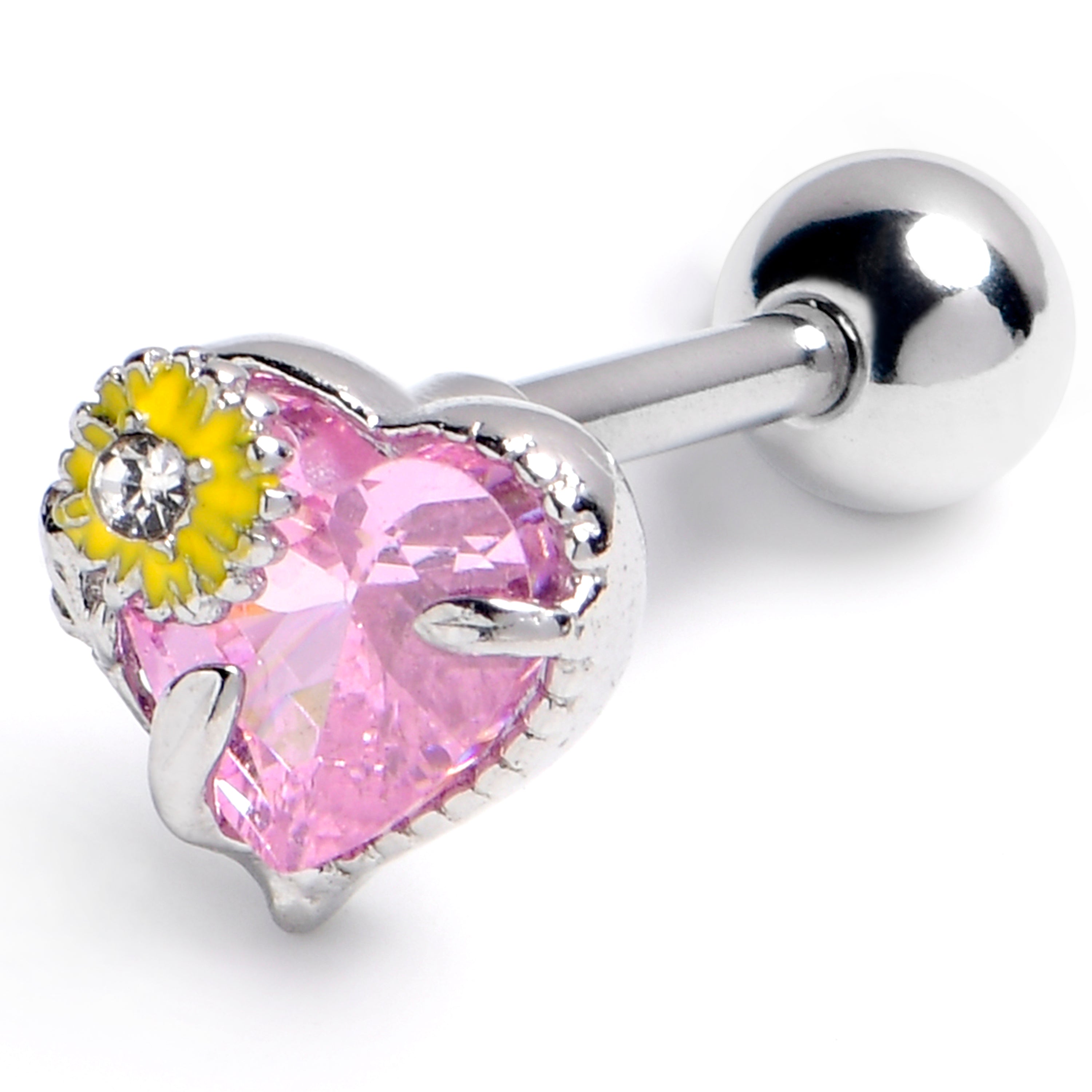 16 Gauge 1/4 Pink Gem Sunflower Heart Love Cartilage Tragus Earring