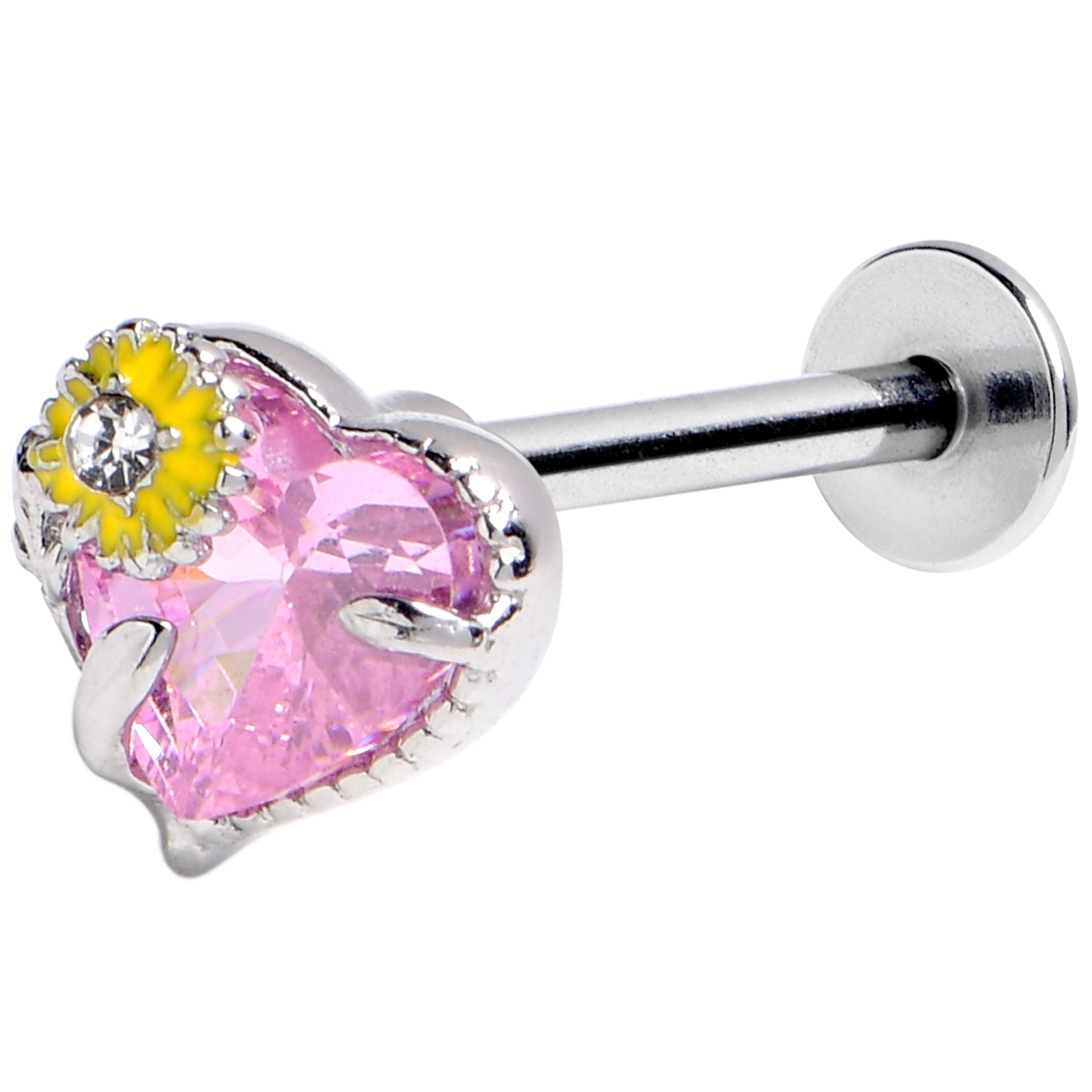 16 Gauge 5/16 Pink CZ Gem Sunflower Heart Love Labret Monroe Tragus