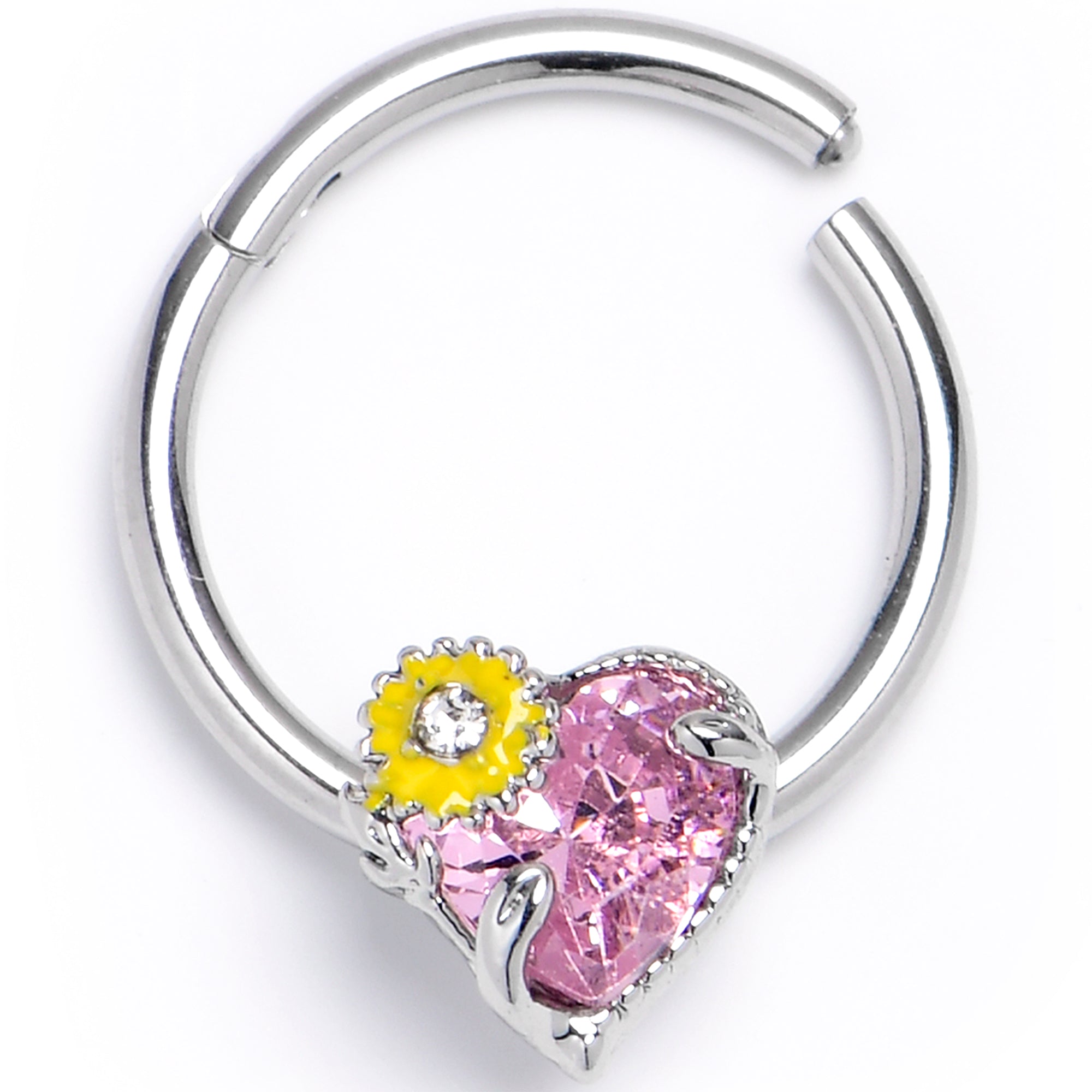 16 Gauge 3/8 Pink Clear Gem Sunflower Heart Love Hinged Segment Ring