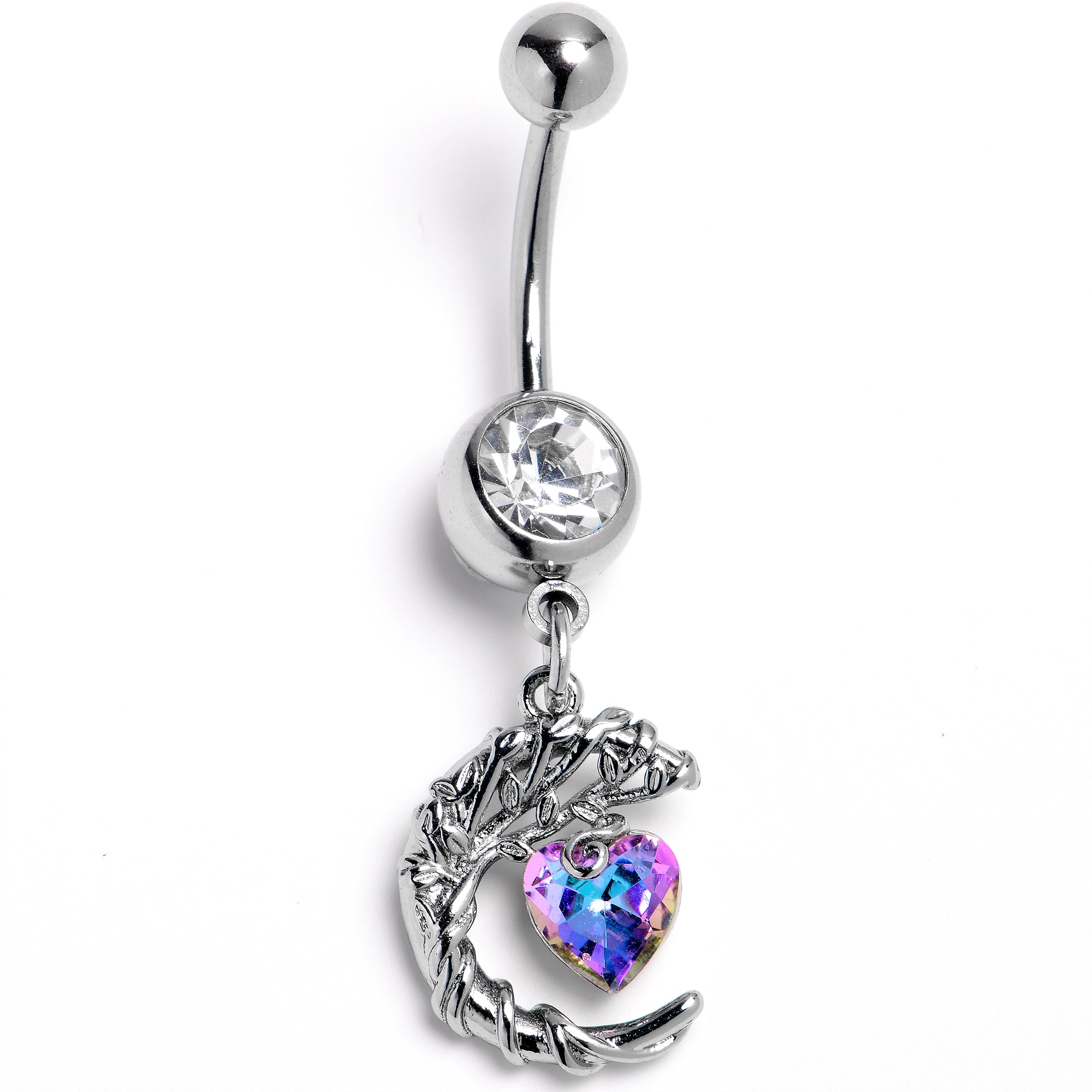 Clear Aurora Gem Leafy Moon Heart Dangle Belly Ring