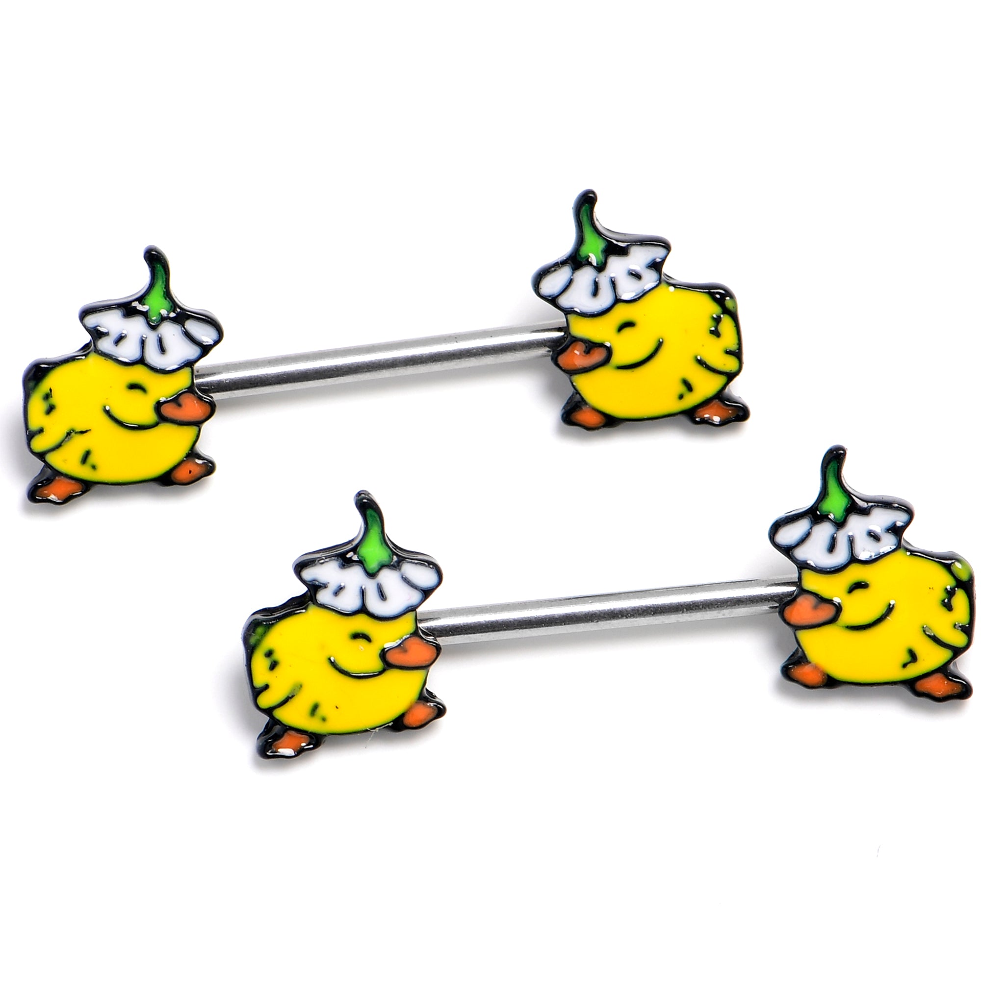 14 Gauge 9/16 Duck Flower Hat Barbell Nipple Ring Set