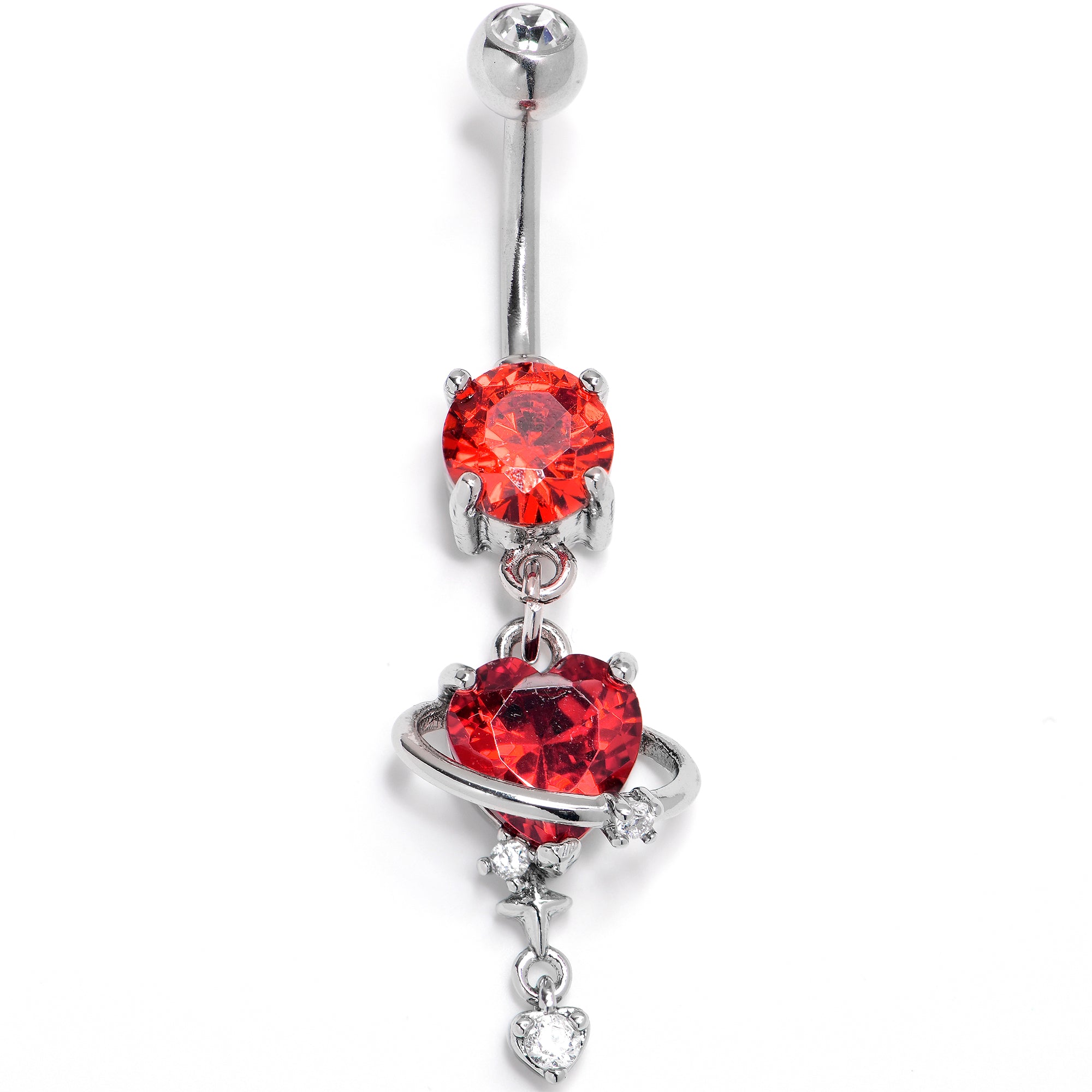 Red Clear CZ Gem Starry Heart Dangle Belly Ring