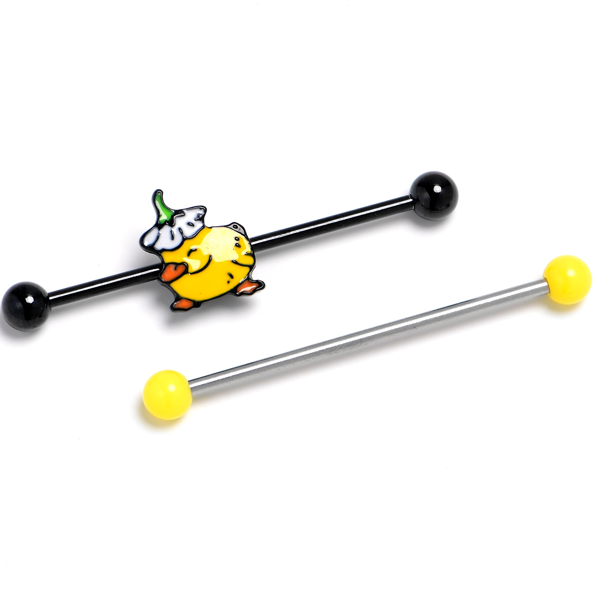 14 Gauge Black Duck Flower Yellow End Industrial Barbell 38mm Set of 2