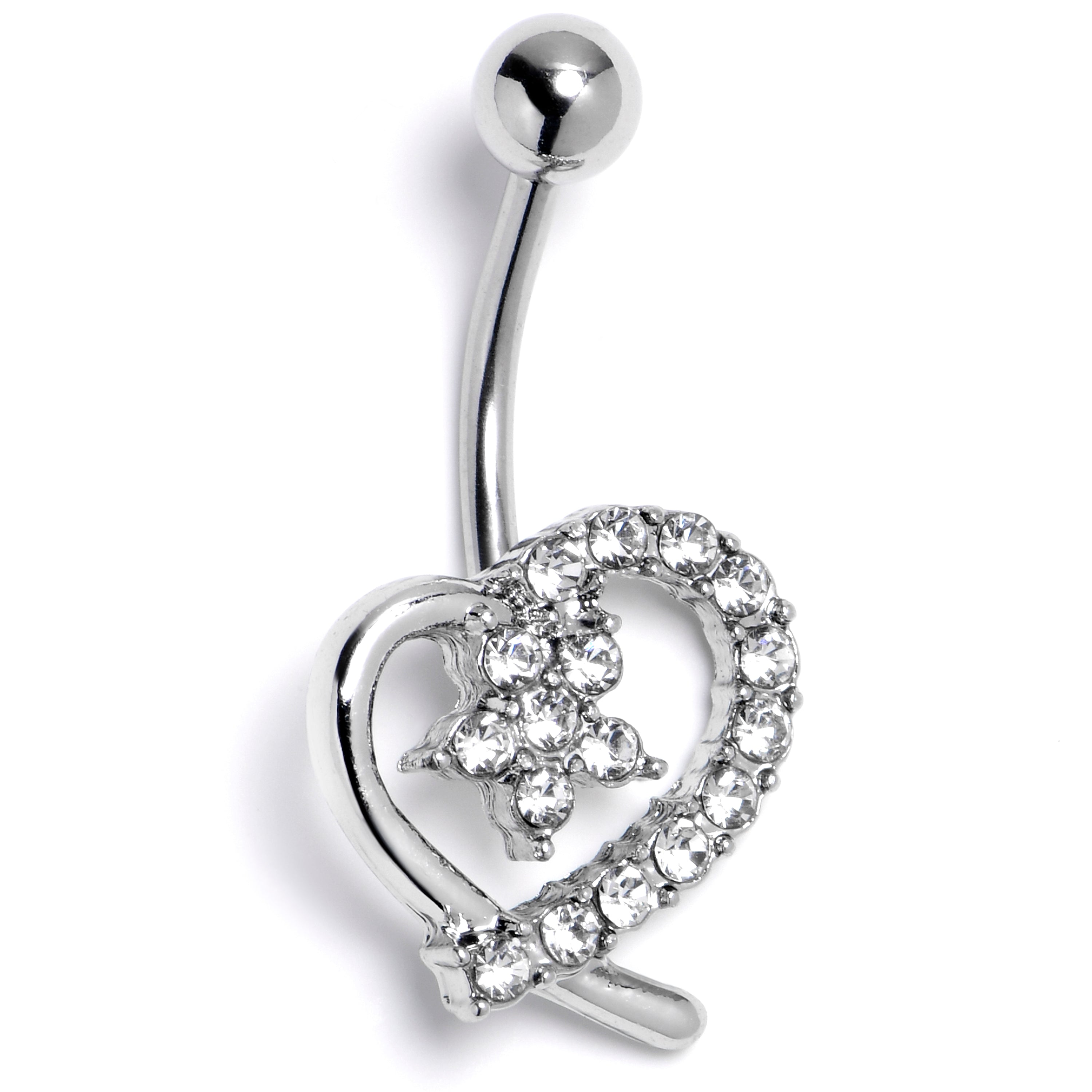 Clear CZ Gem Internally Threaded Blossom Heart Belly Ring