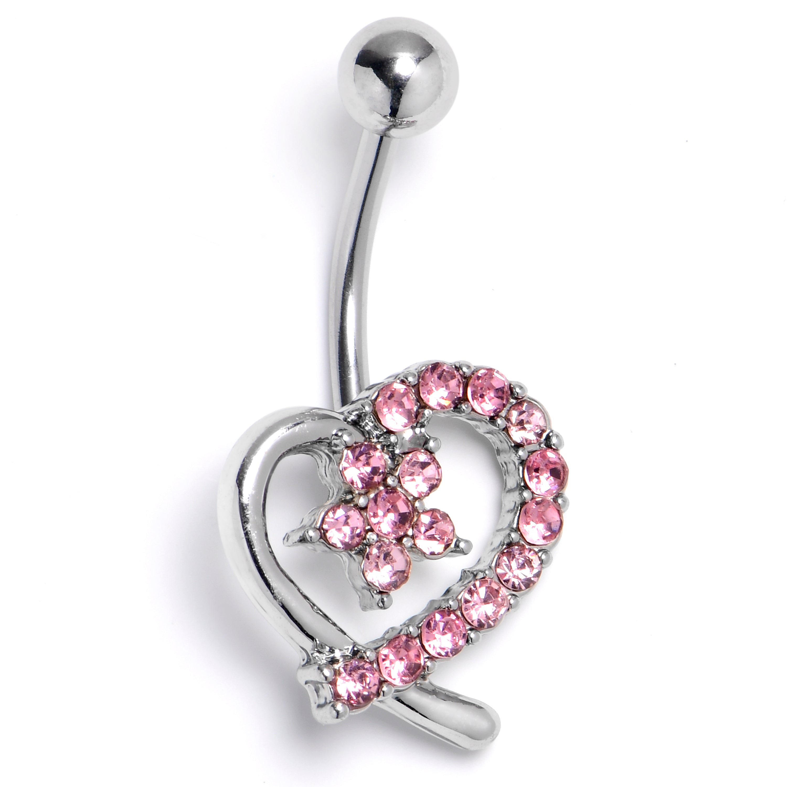 Pink CZ Gem Internally Threaded Blossom Heart Belly Ring