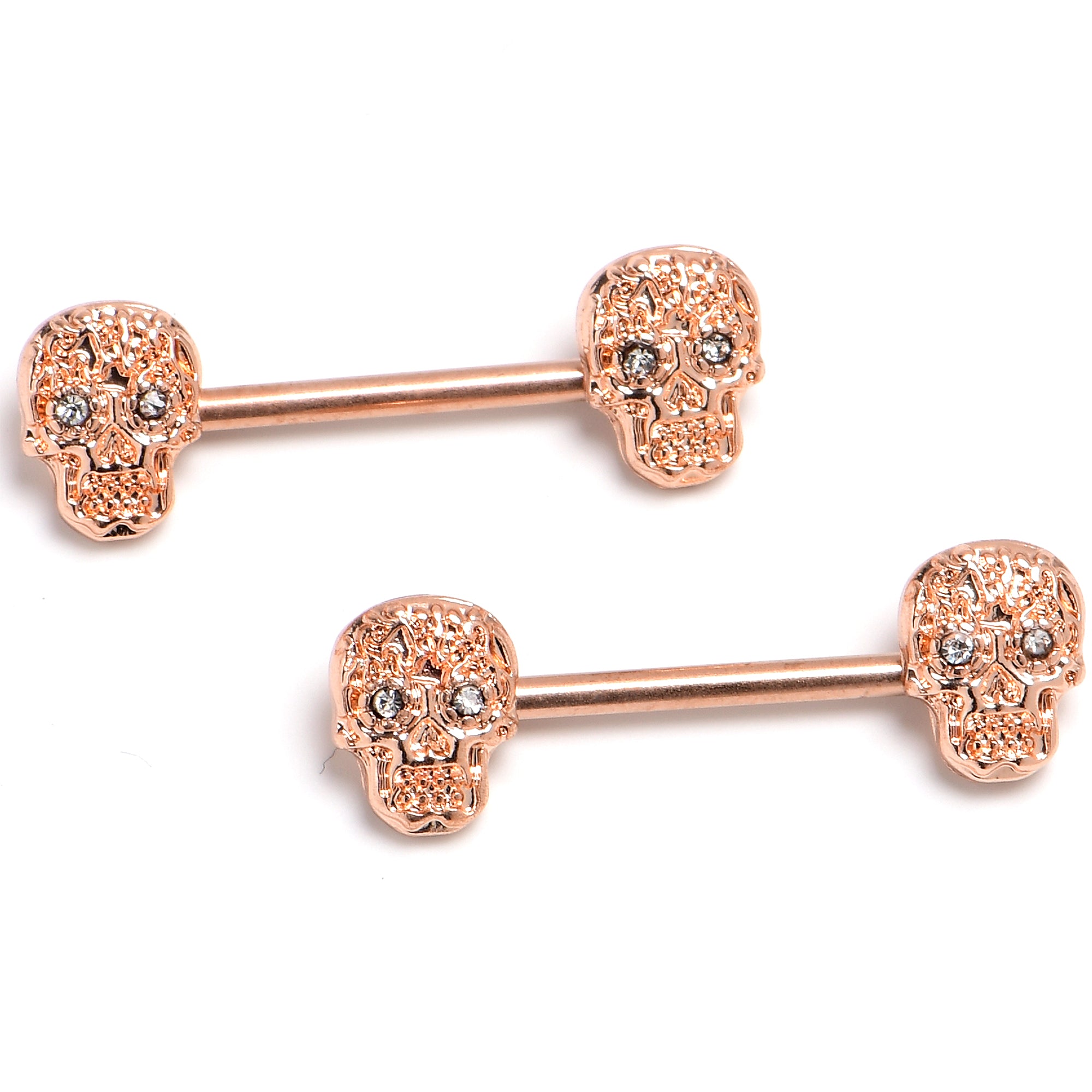 14 Gauge 9/16 Rose Gold  316L Steel Skulls with Titanium Barbell Nipple Rings