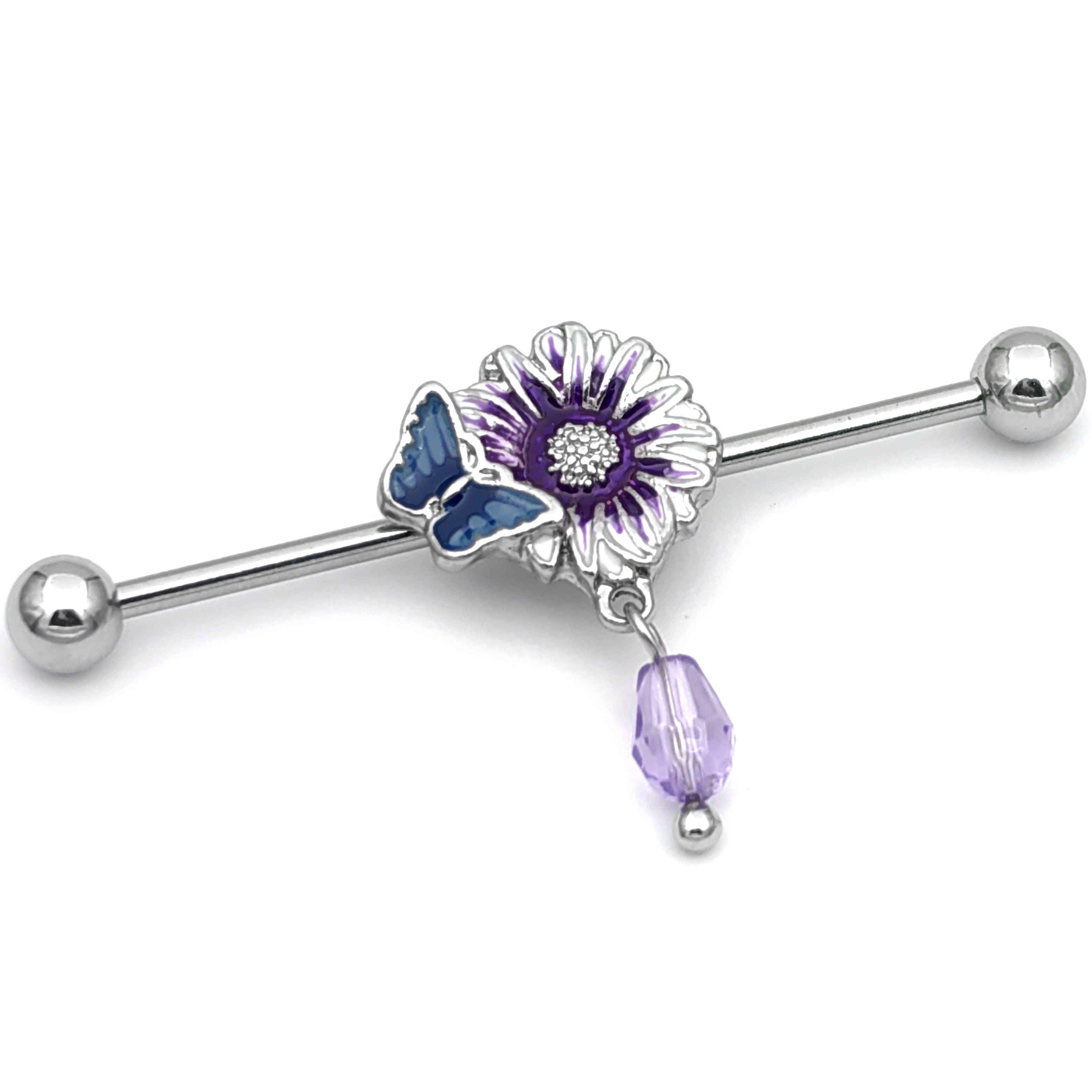 14 Gauge Purple Gem Passion Flower Dangle Industrial Barbell 38mm