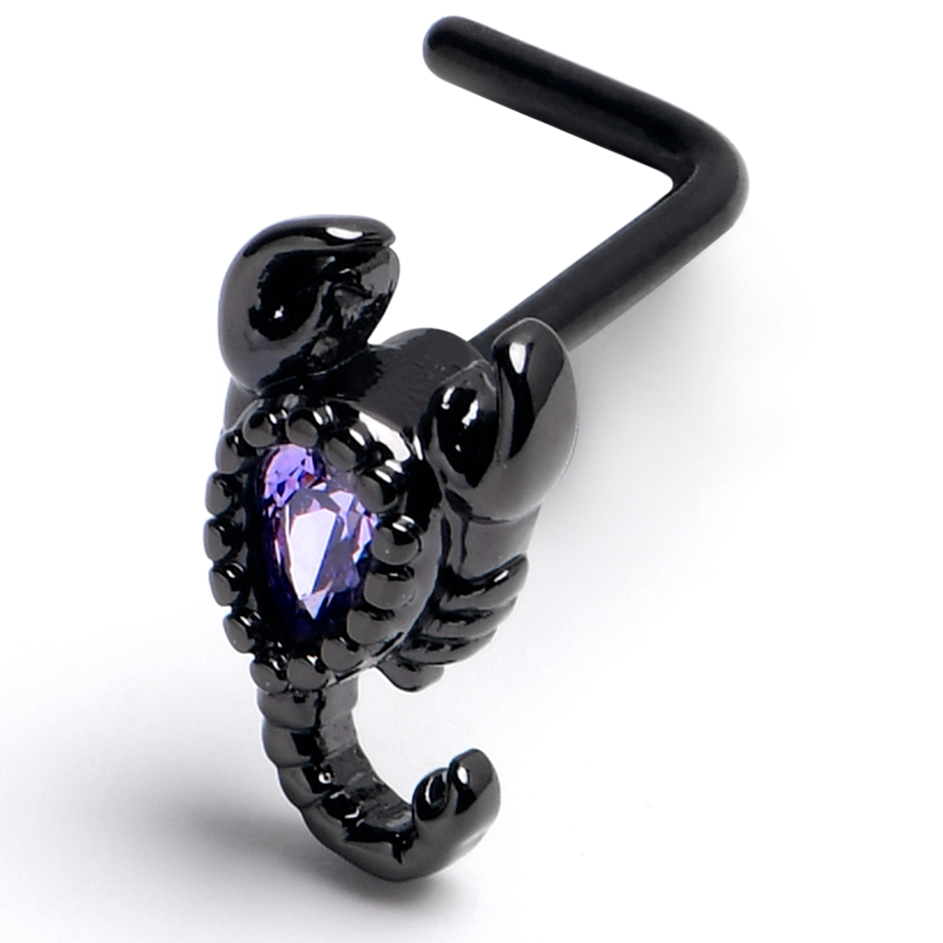 20 Gauge 7mm Purple Gem Black Goth Scorpion L Shape Nose Ring