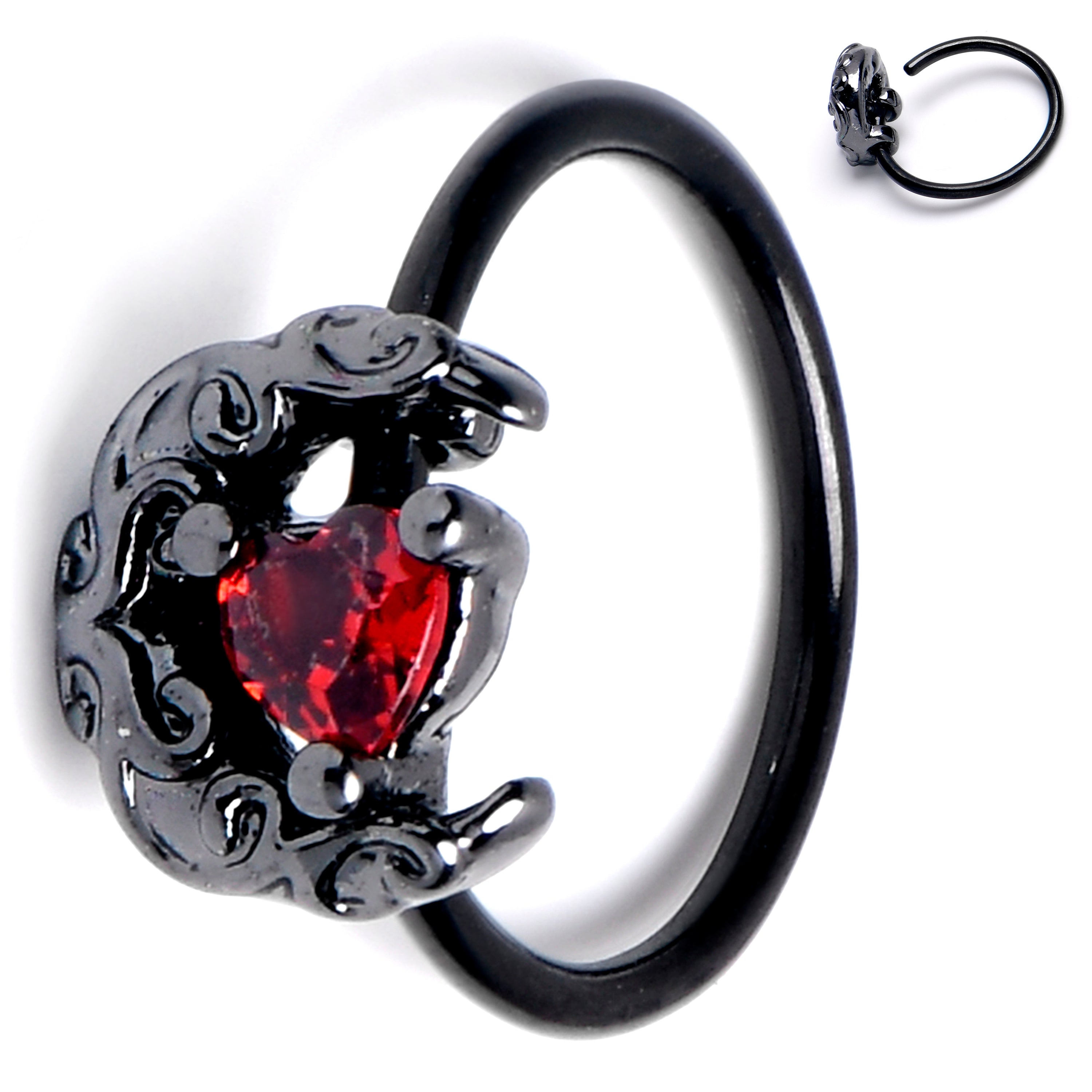 20 Gauge 5/16 Red Gem Black Scroll Moon Heart Nose Hoop