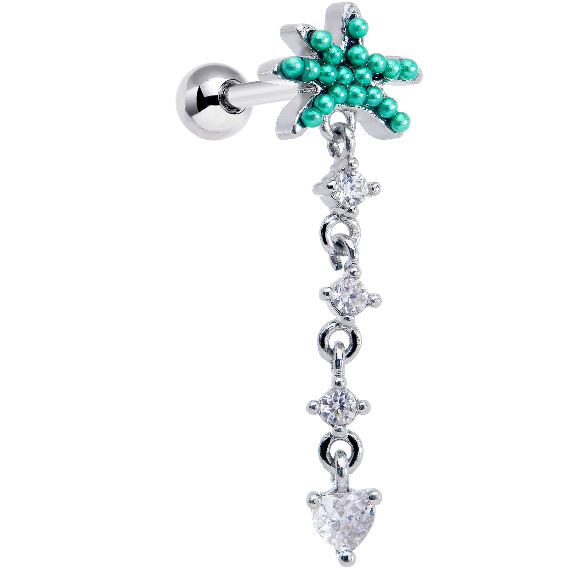 16 Gauge 1/4 Clear CZ Gem Palm Tree Love Dangle Cartilage Tragus Earring