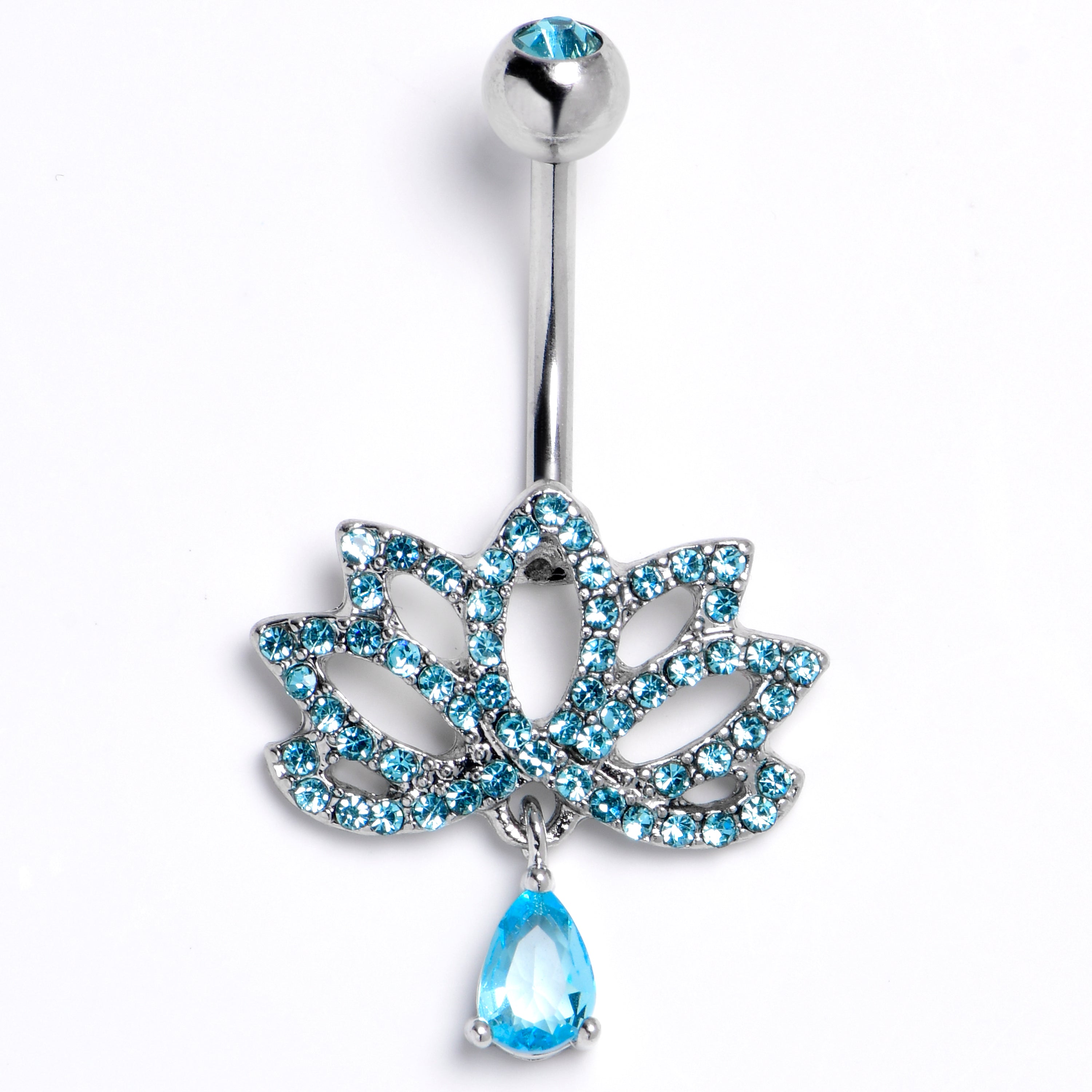 Blue CZ Gem Internally Threaded Lotus Fashion Flower Dangle Belly Ring