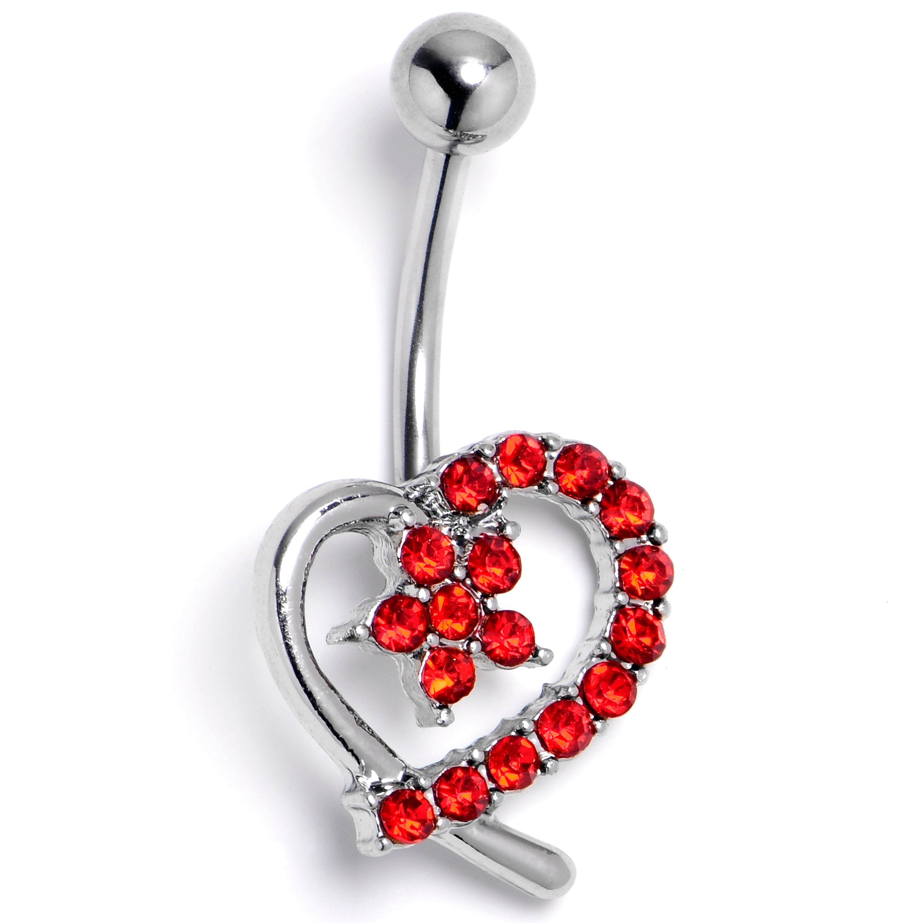 Red Gem Internally Threaded Blossom Heart Belly Ring