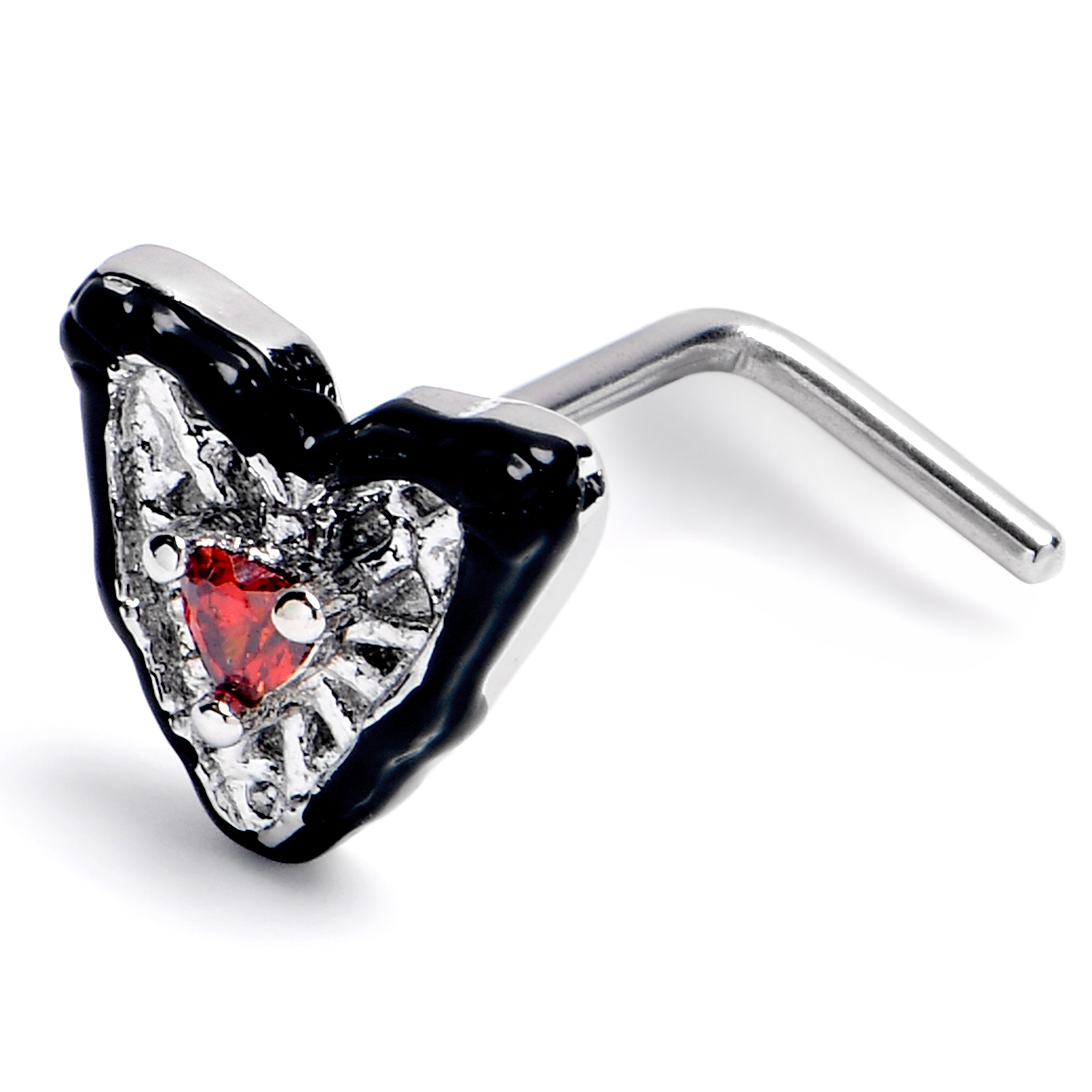 20 Gauge 1/4 Red CZ Gem Captured Heart L Shape Nose Ring