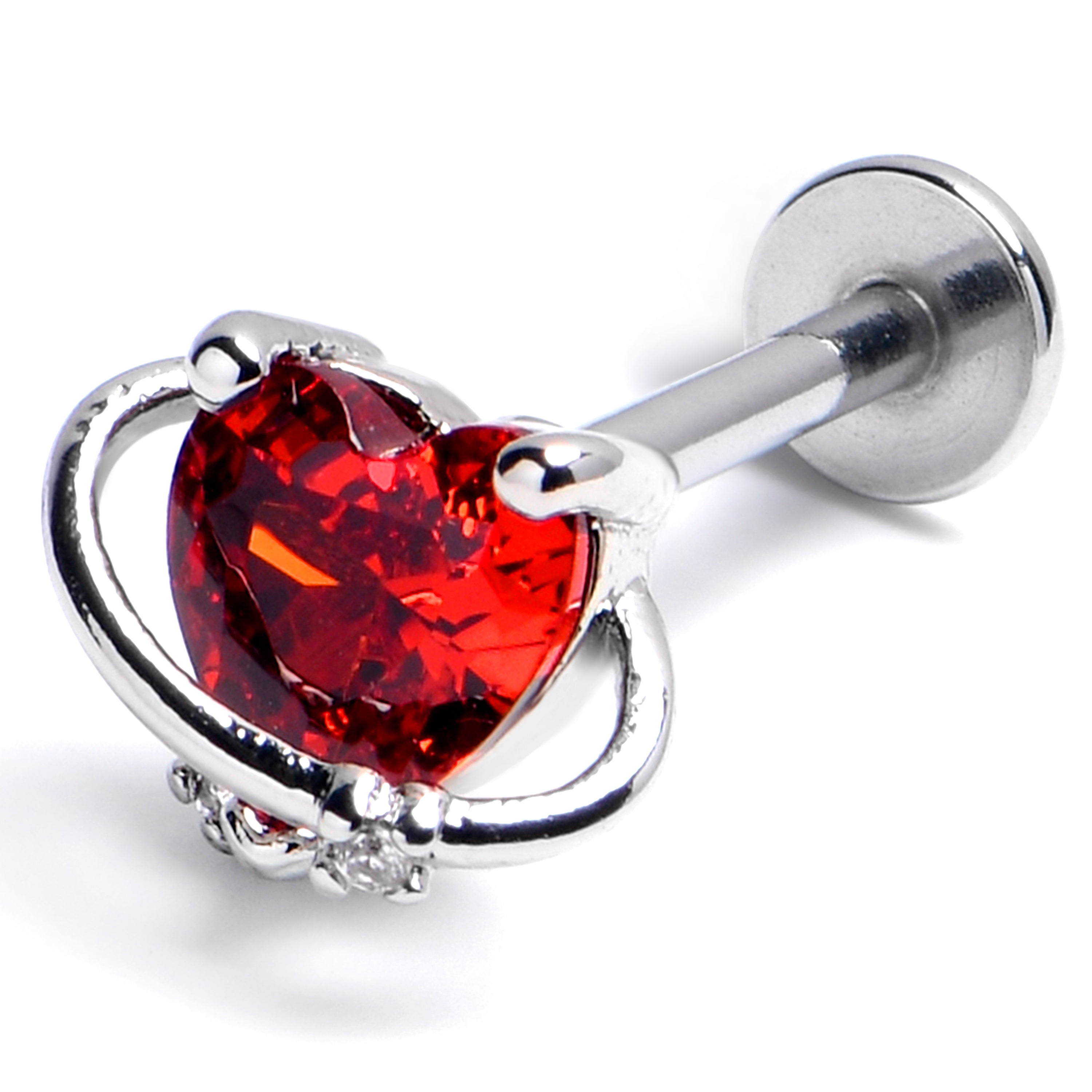 16 Gauge 3/8 Red CZ Gem Saturn Heart Labret Monroe Tragus